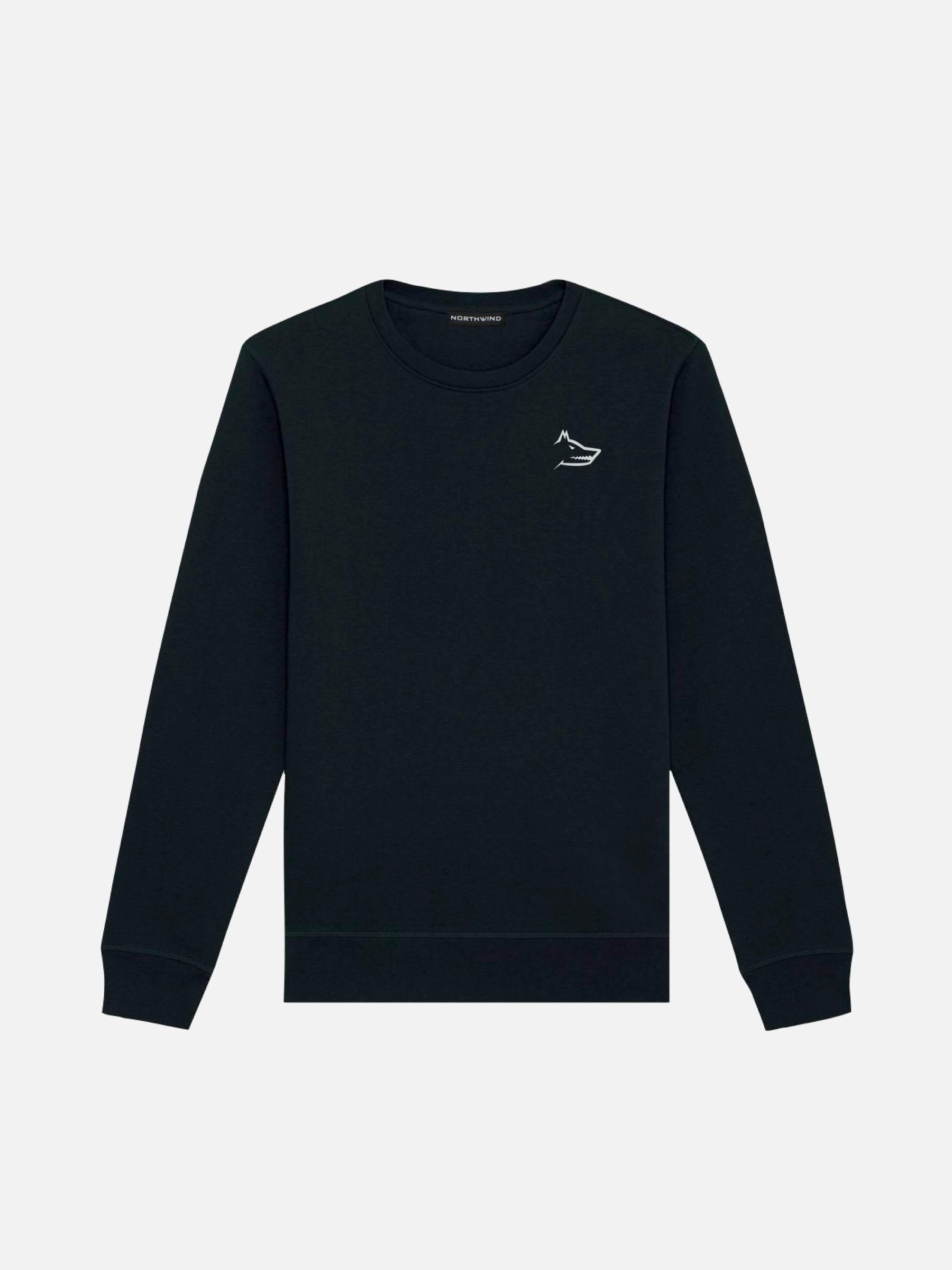 A black Northwind-branded crew neck sweatshirt with wolf embroidery logo