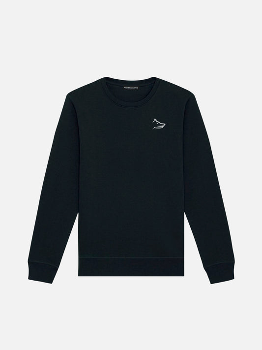 A black Northwind-branded crew neck sweatshirt with wolf embroidery logo