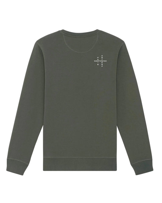 Khaki sweatshirt back with northwind crosswords