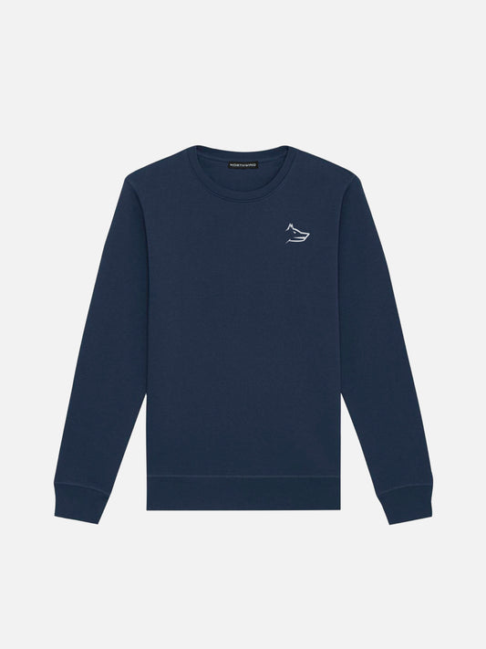 A navy blue Northwind-branded crew neck sweatshirt with wolf embroidery logo