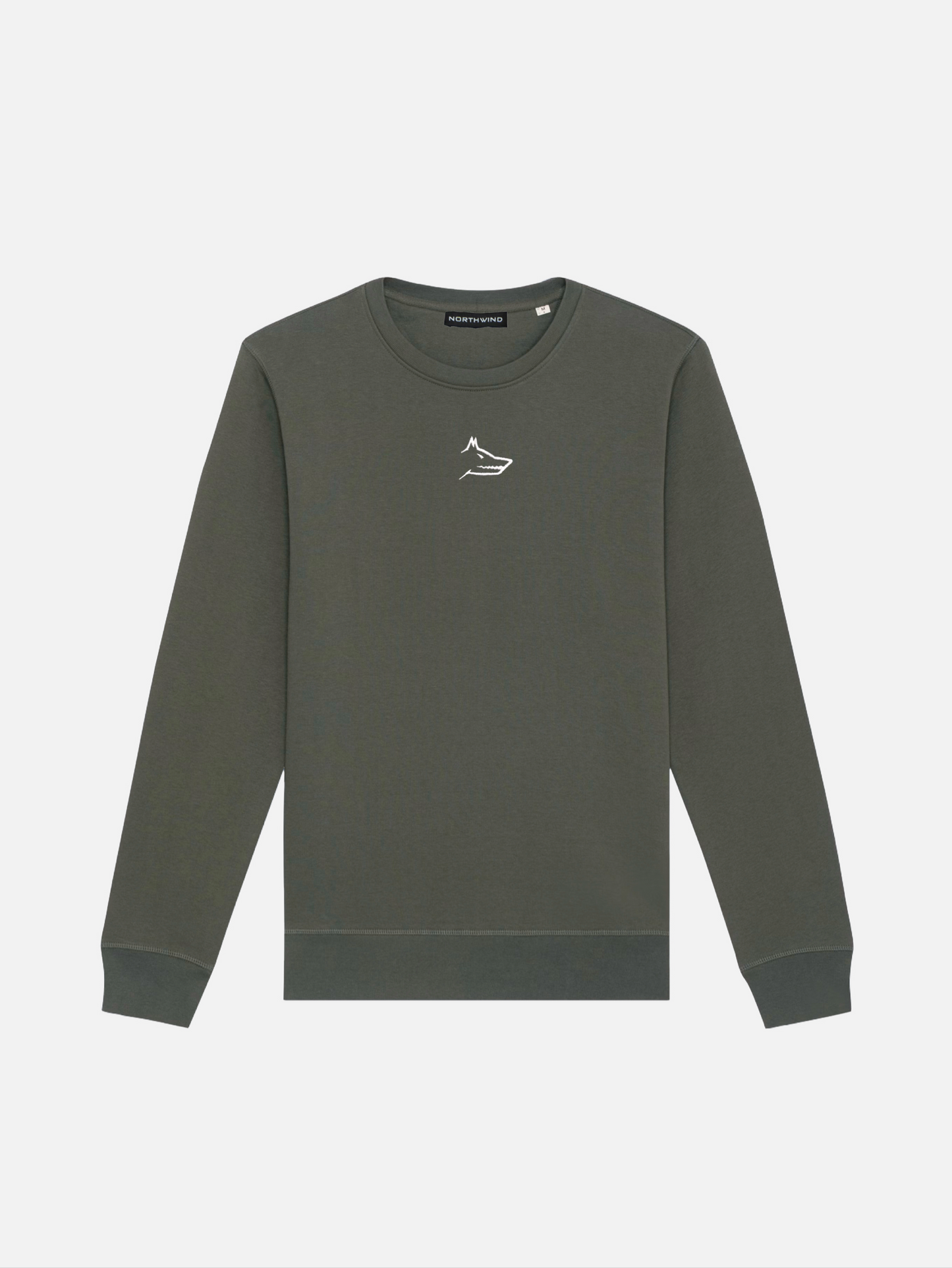 Northwind khaki green sweatshirt with embroidered Northwind Lone Wolf logo on a white background