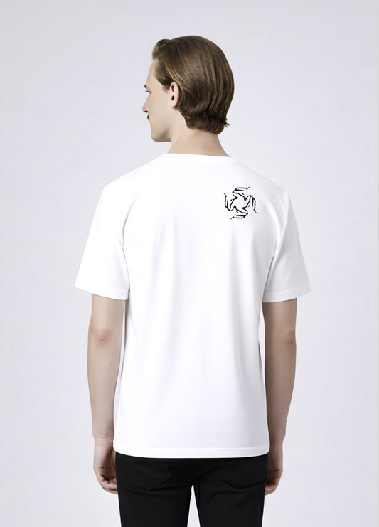 Man wearing a white Northwind storm of wolves t-shirt with embroidered Northwind storm of wolves logo on the back