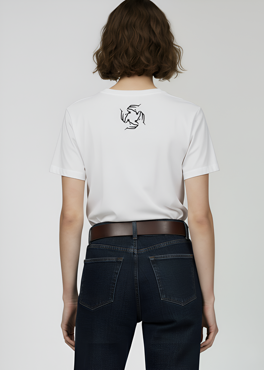 Person wearing a white Northwind t-shirt with a logo on the back, standing against a plain background