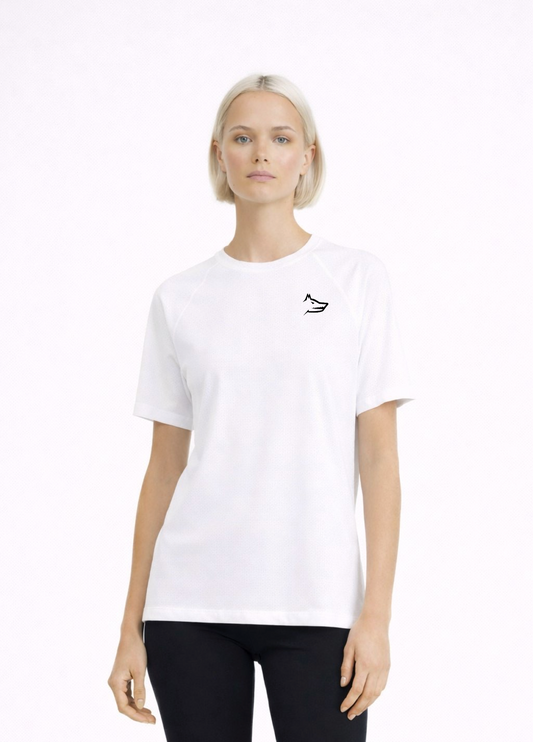 Woman wearing a white Northwind activewear t-shirt with Northwind wolf logo on the chest