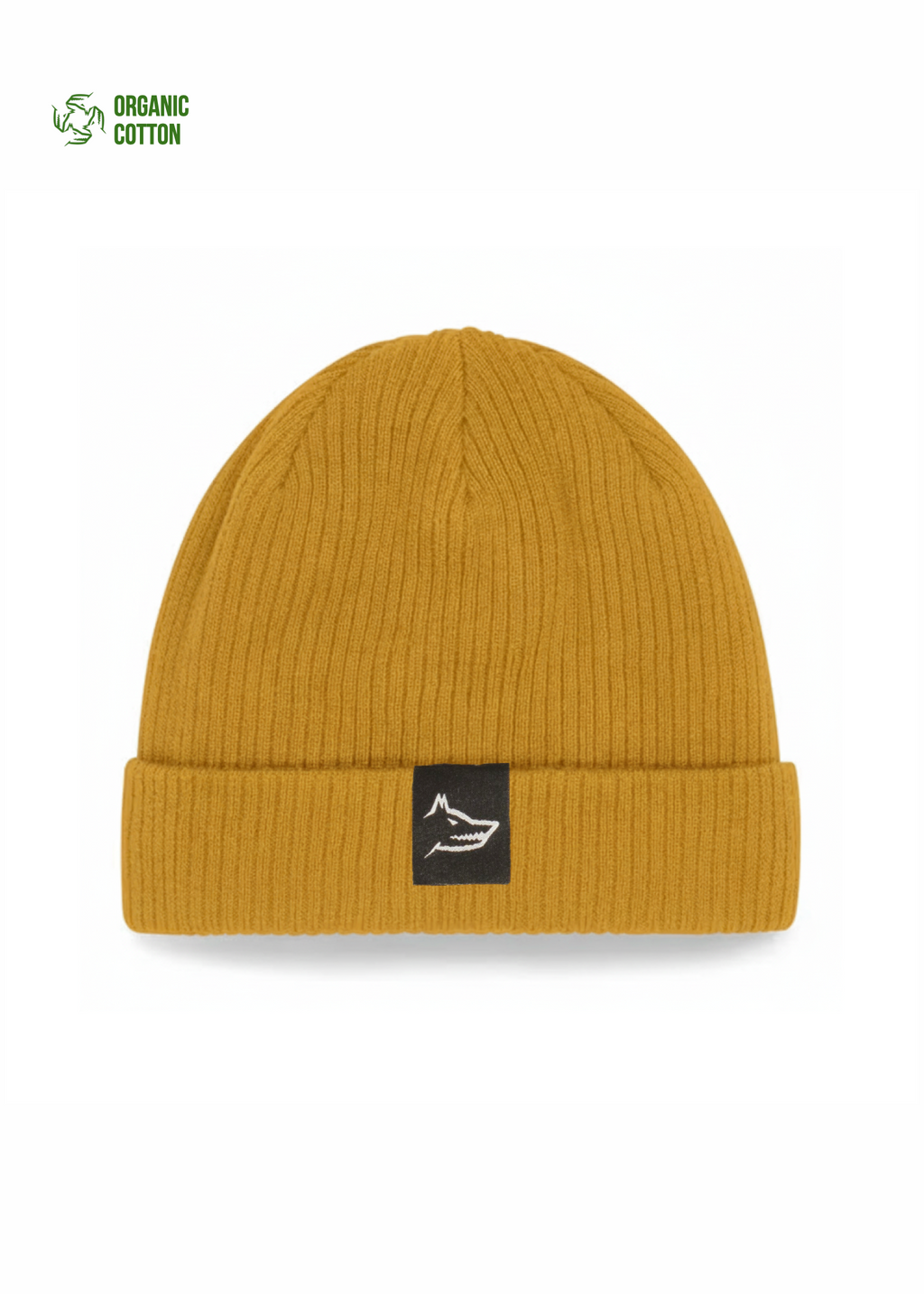 Mustard organic cotton Northwind beanie with a Northwind wolf logo