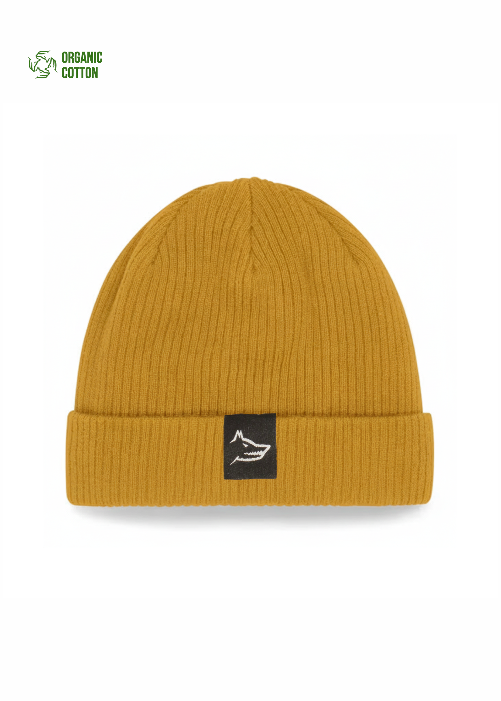 Mustard organic cotton Northwind beanie with a Northwind wolf logo