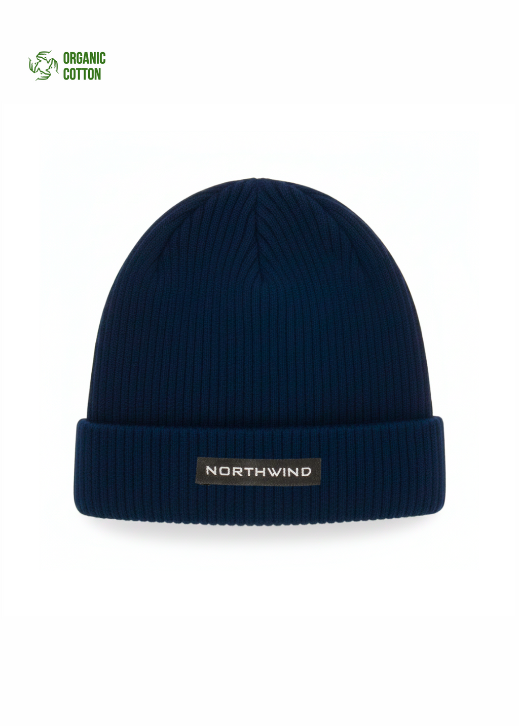 Navy blue Northwind organic cotton beanie with 'Northwind' logo on a white background