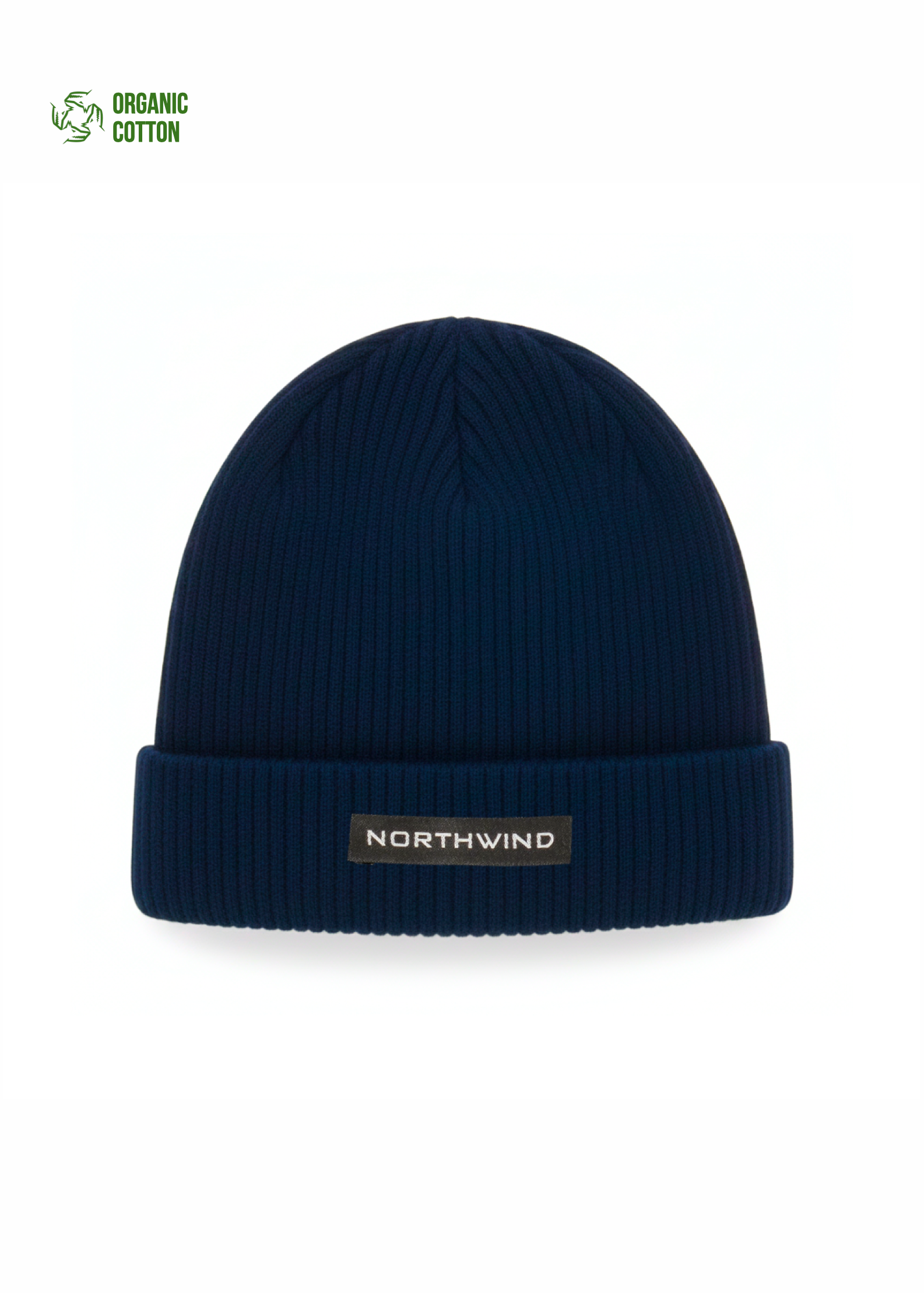 Navy blue Northwind organic cotton beanie with 'Northwind' logo on a white background