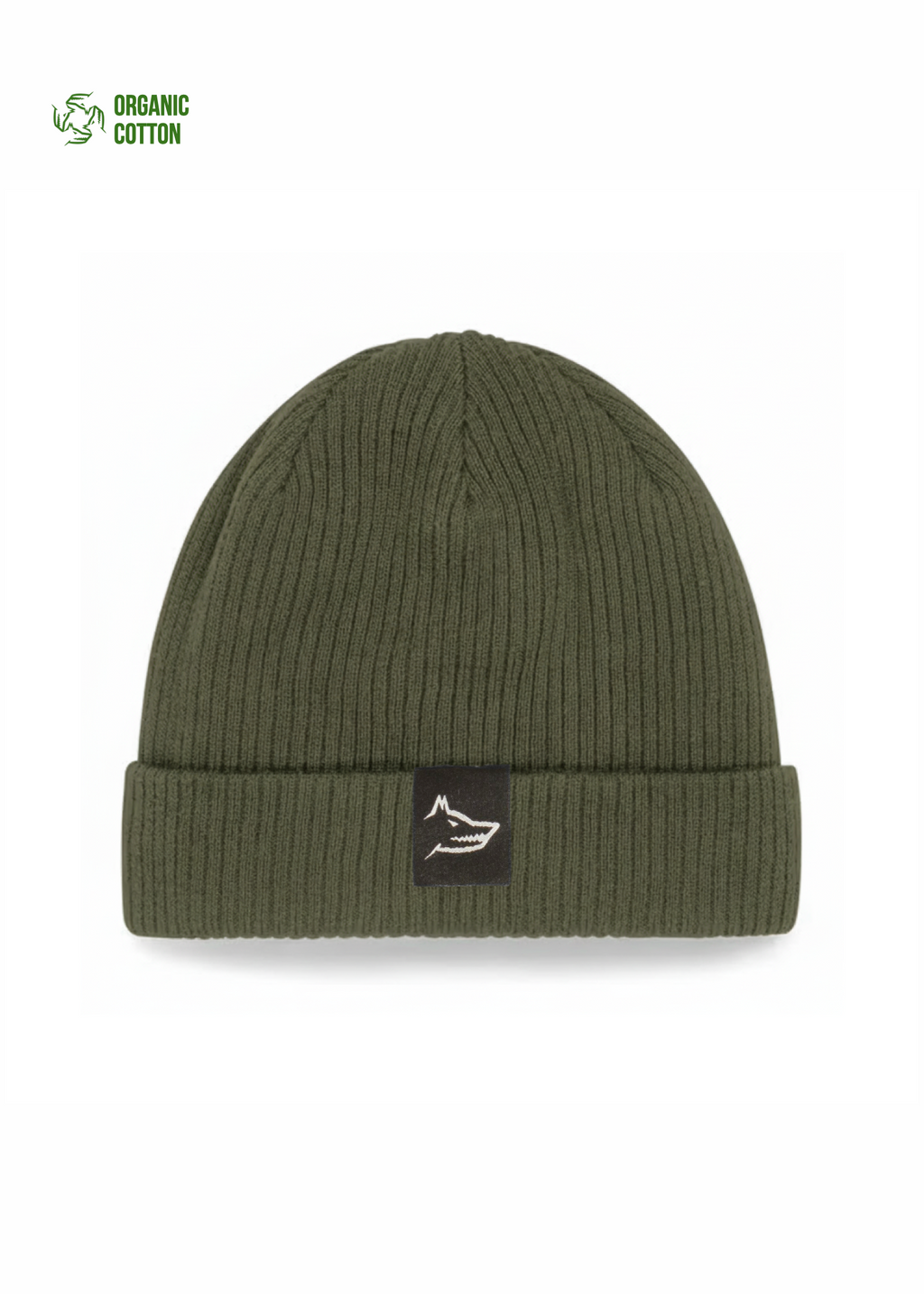 Organic cotton olive Green beanie with Northwind wolf logo on a white background