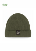 Organic cotton olive Green beanie with Northwind wolf logo on a white background