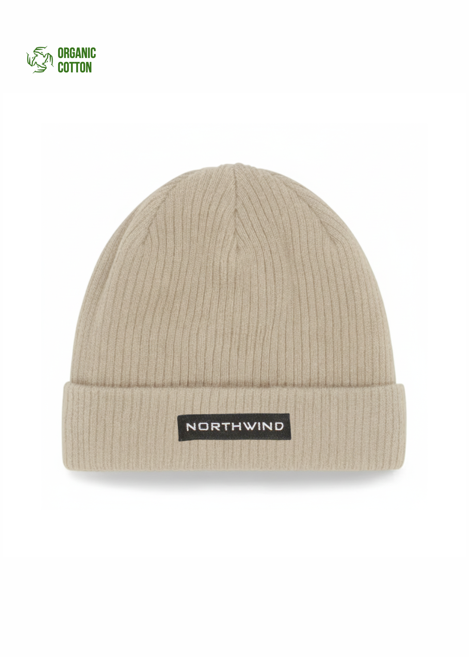 Beige organic cotton beanie with 'Northwind' label on a white background