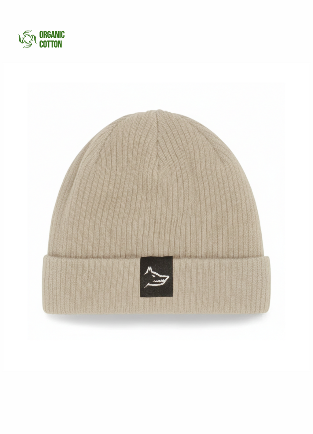Beige organic cotton beanie with 'Northwind wolf logo' label on a white background