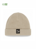 Beige organic cotton beanie with 'Northwind wolf logo' label on a white background