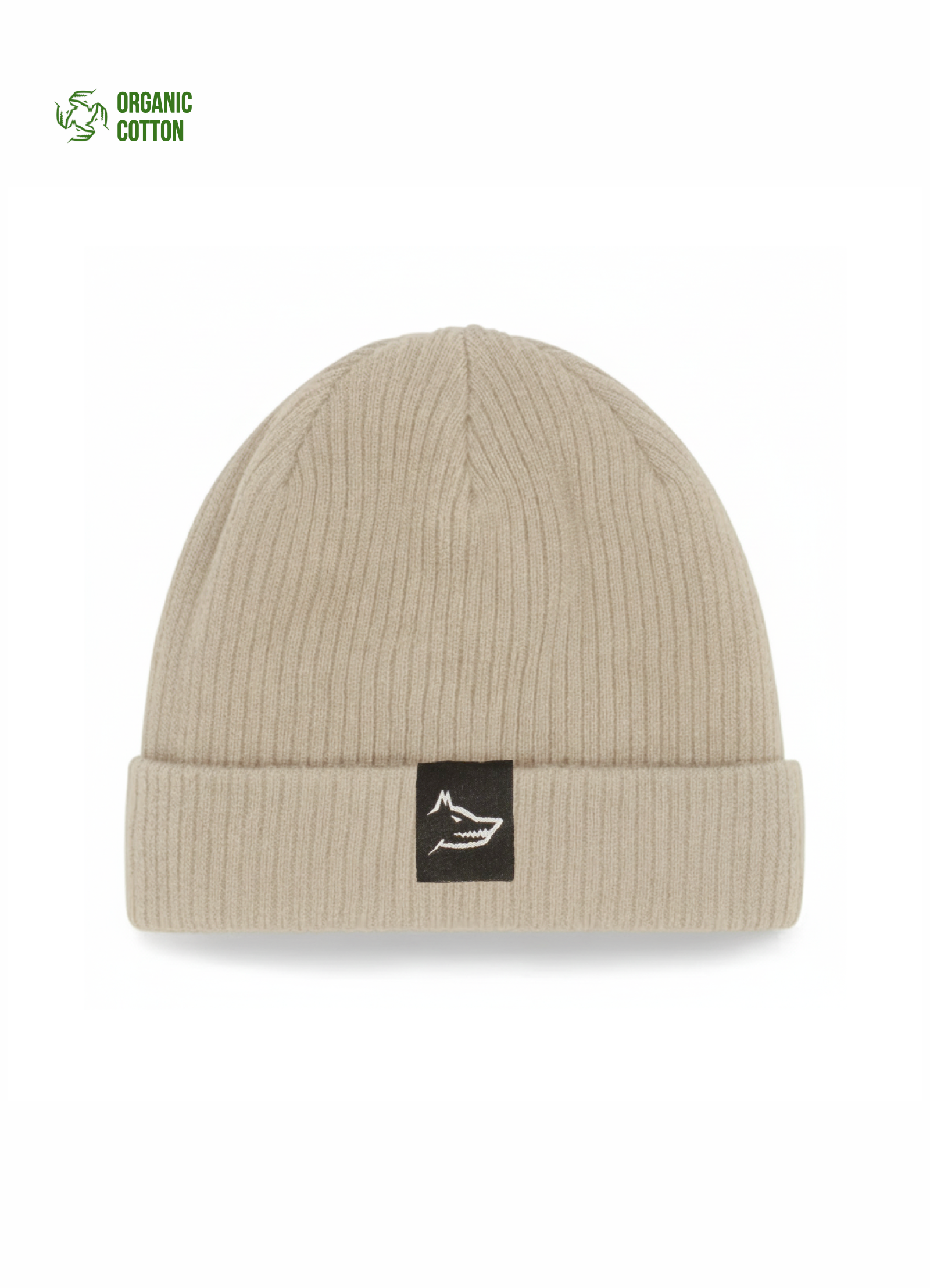 Beige organic cotton beanie with 'Northwind wolf logo' label on a white background