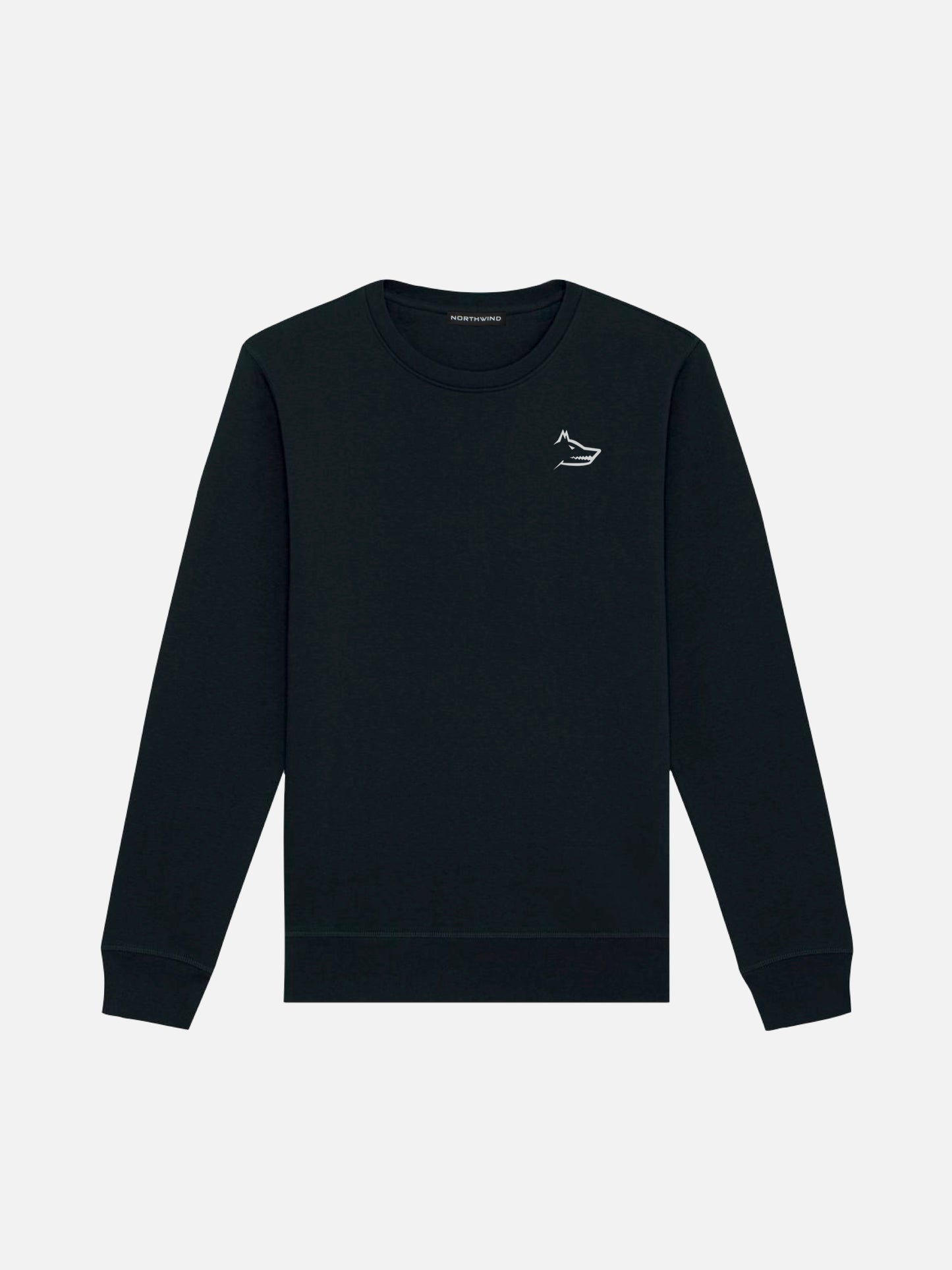A black Northwind-branded crew neck sweatshirt with wolf embroidery logo