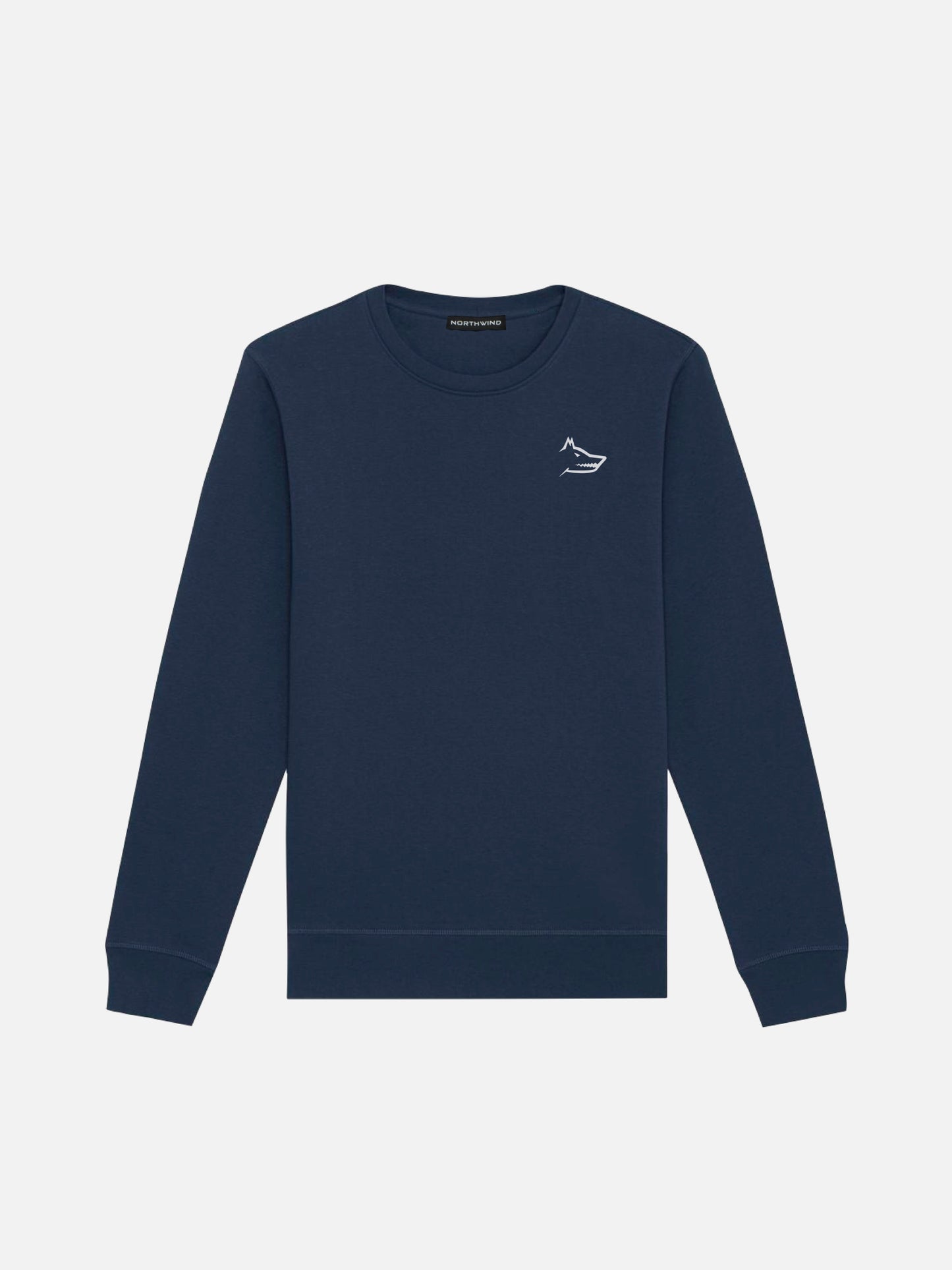 A navy blue Northwind-branded crew neck sweatshirt with wolf embroidery logo