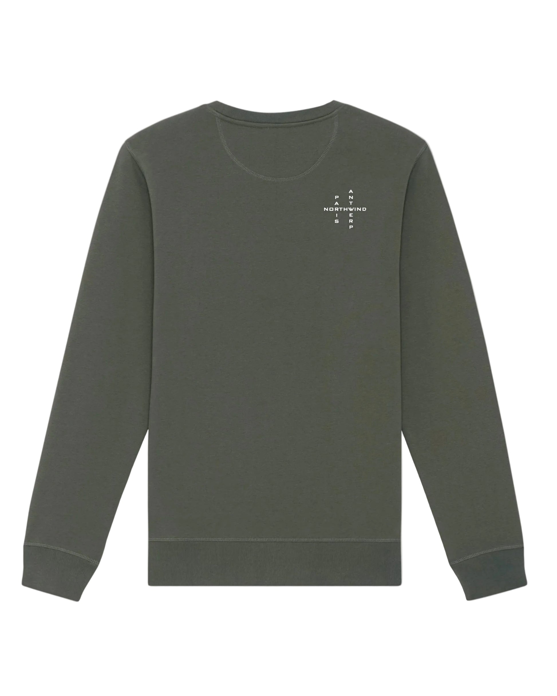 Khaki sweatshirt back with northwind crosswords 