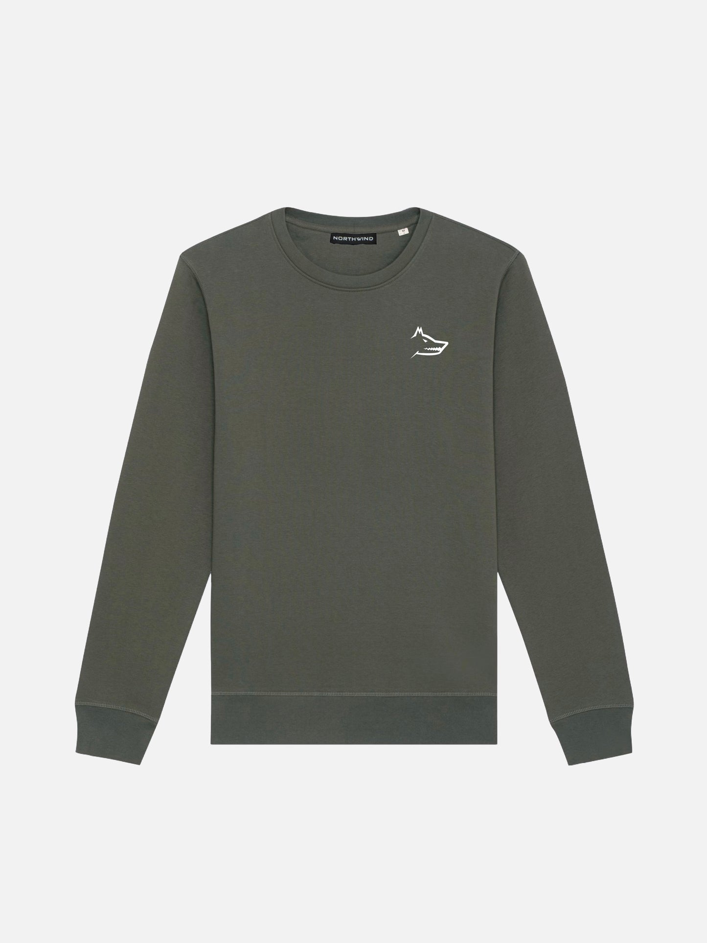 Khaki sweatshirt front with northwind wolf