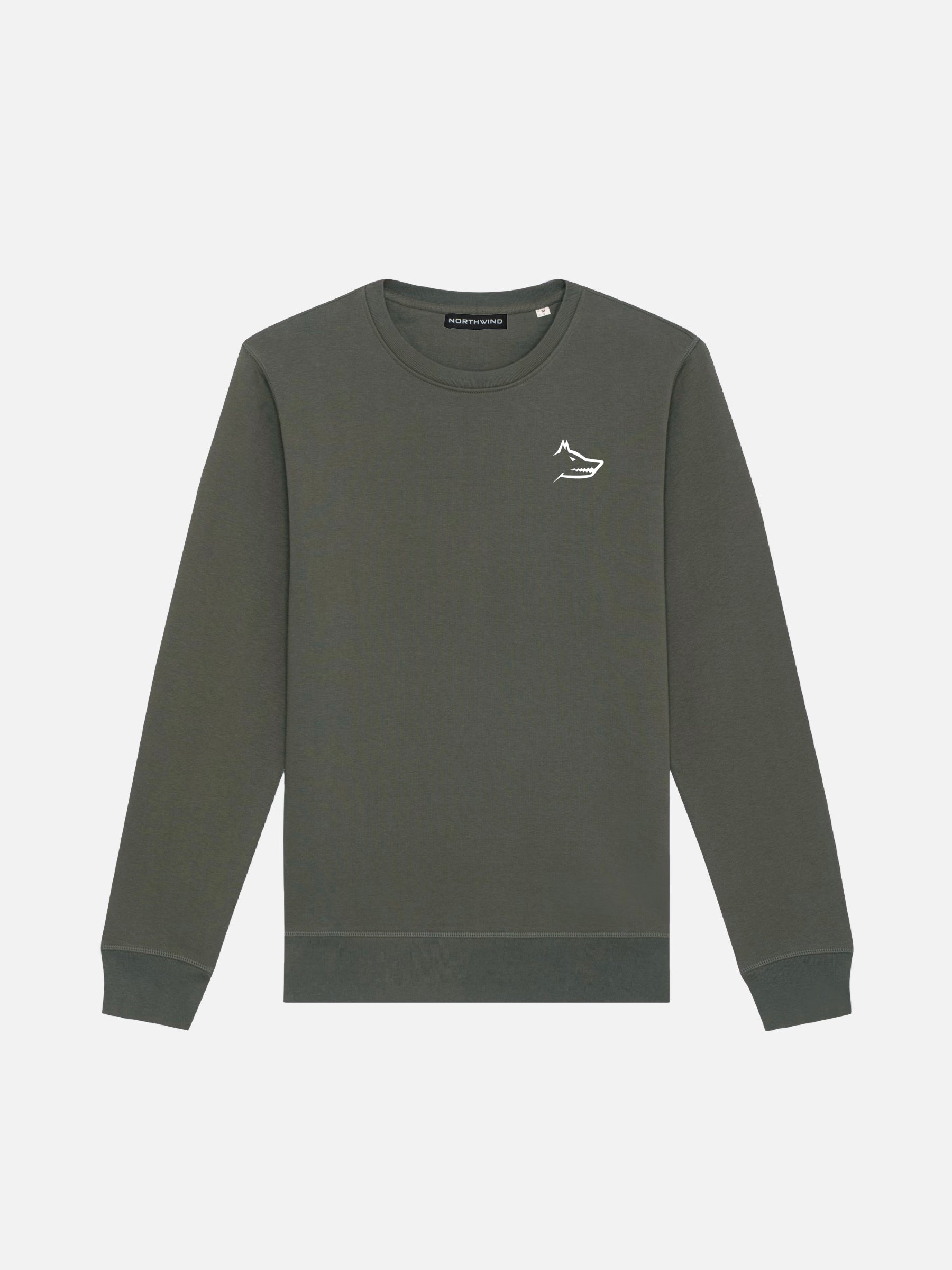 Khaki sweatshirt front with northwind wolf