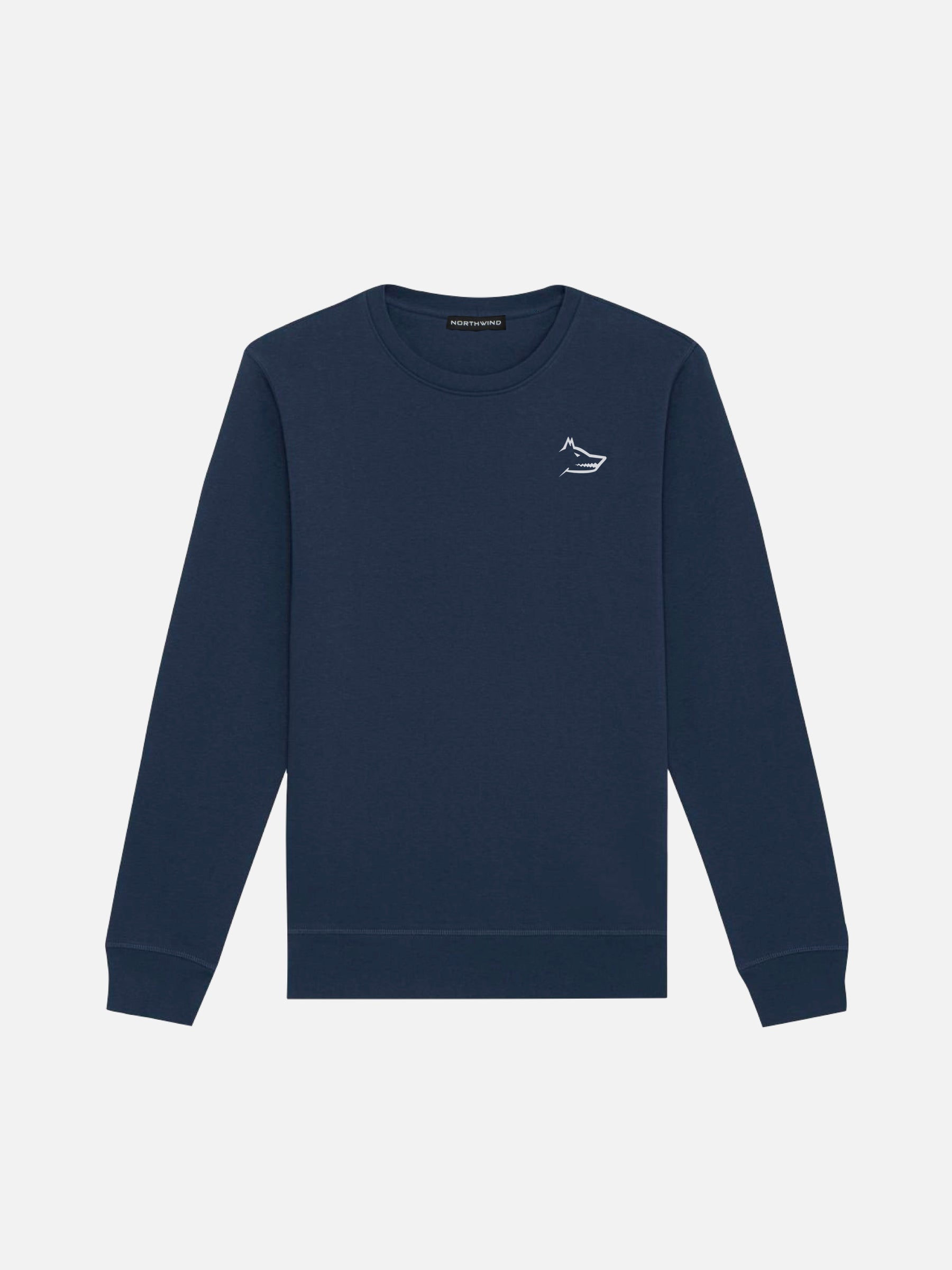 A navy blue Northwind-branded crew neck sweatshirt with wolf embroidery logo