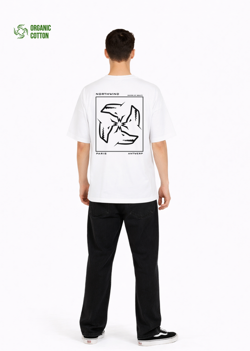 Young adult wearing a Northwind oversized organic cotton white t-shirt with Northwind embroidered on the chest, center of gravity design screen printed on the back, Carhartt pants, black Vans shoes