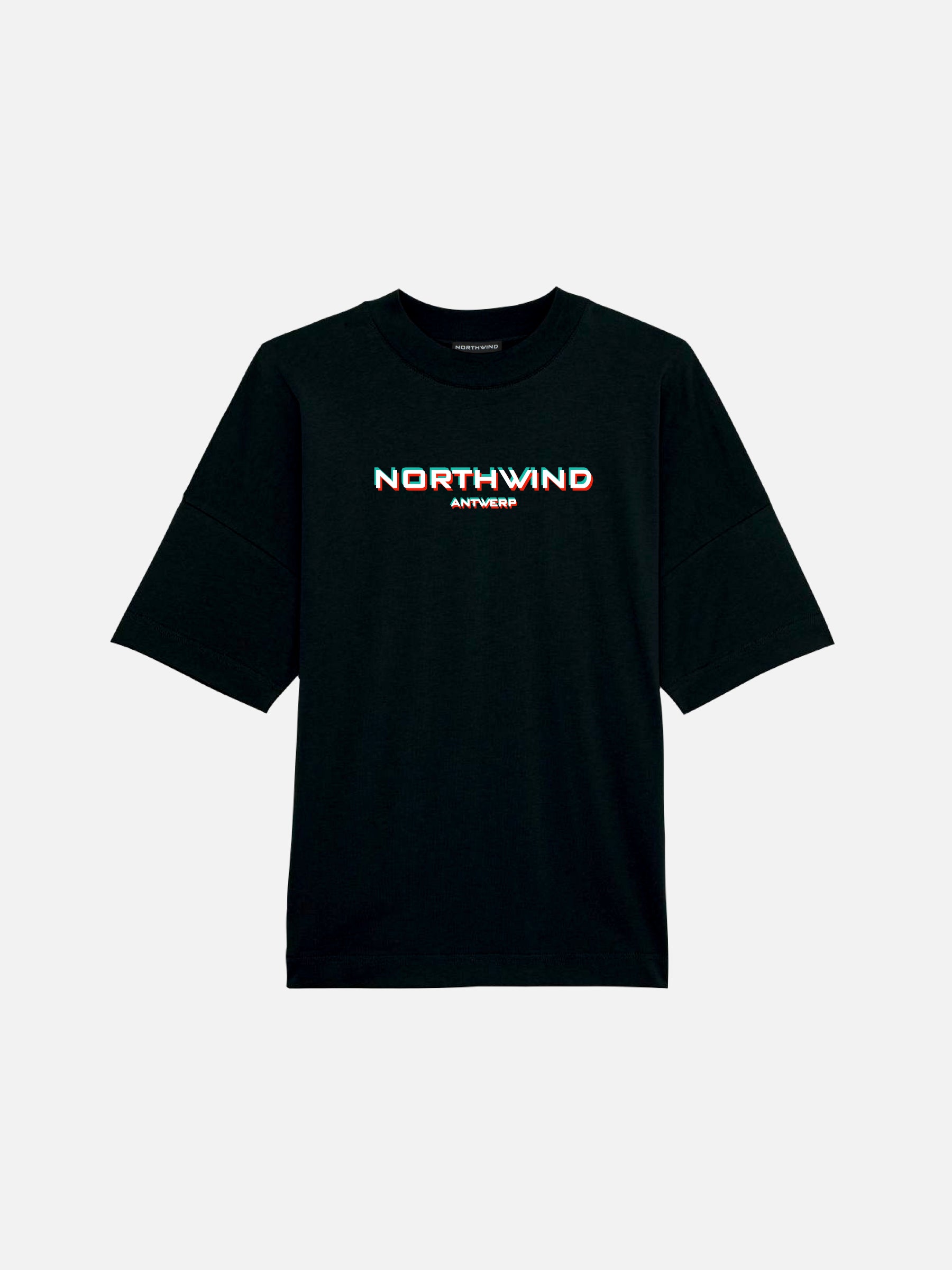 Black organic cotton t-shirt with 'NORTHWIND' logo printed on the chest with a glitch effect.