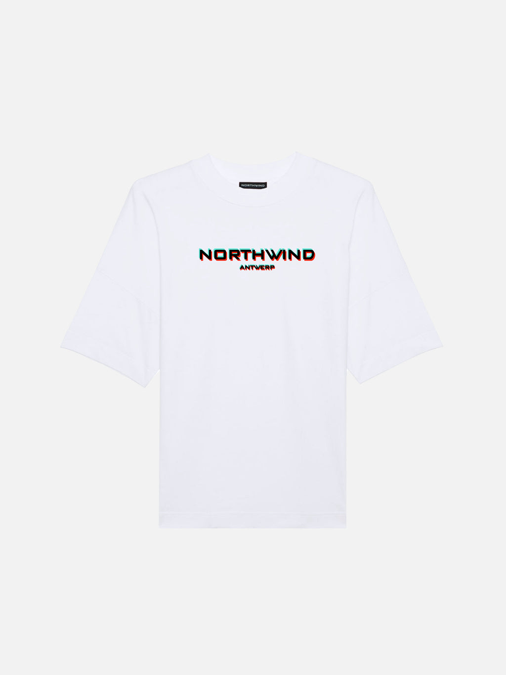 A white Northwind organic cotton t-shirt with a glitch effect text logo on the chest.