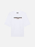 A white Northwind organic cotton t-shirt with a glitch effect text logo on the chest.