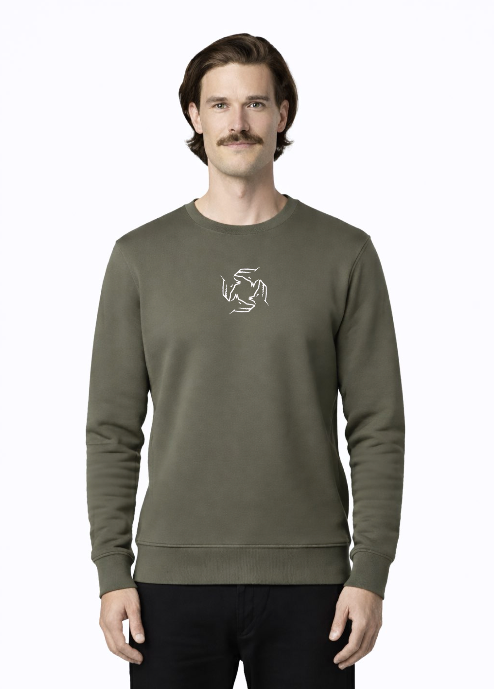 Man wearing a khaki green Northwind sweatshirt with white embroidered storm of wolves logo of Northwind on the chest
