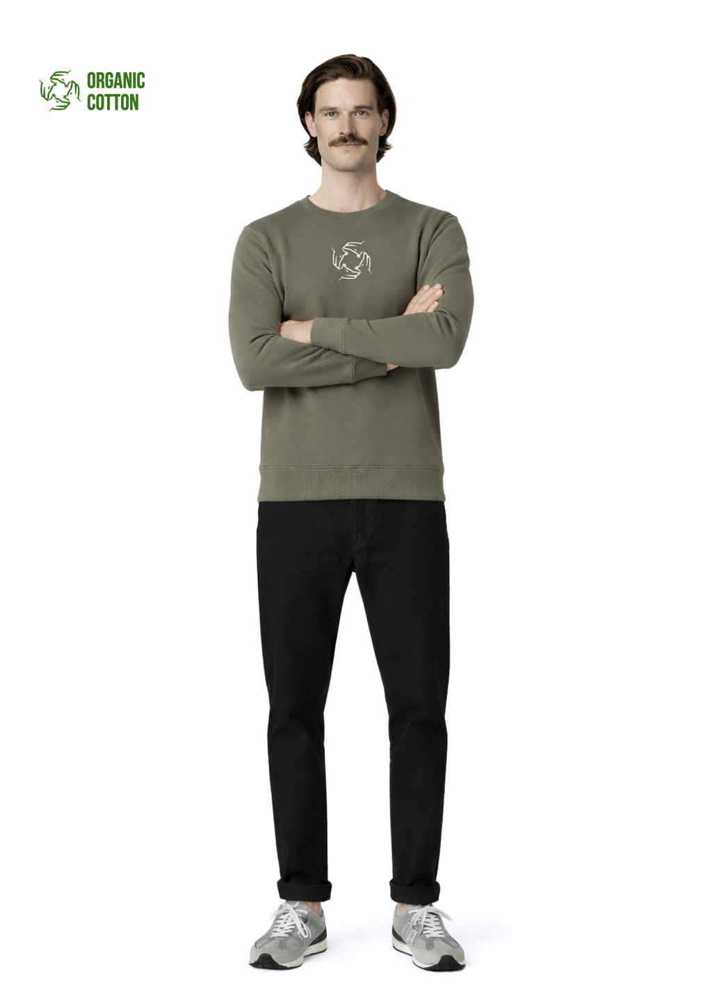 Man wearing a khaki green Northwind sweatshirt with white embroidered storm of wolves logo of Northwind on the chest, gray new balance shoes
