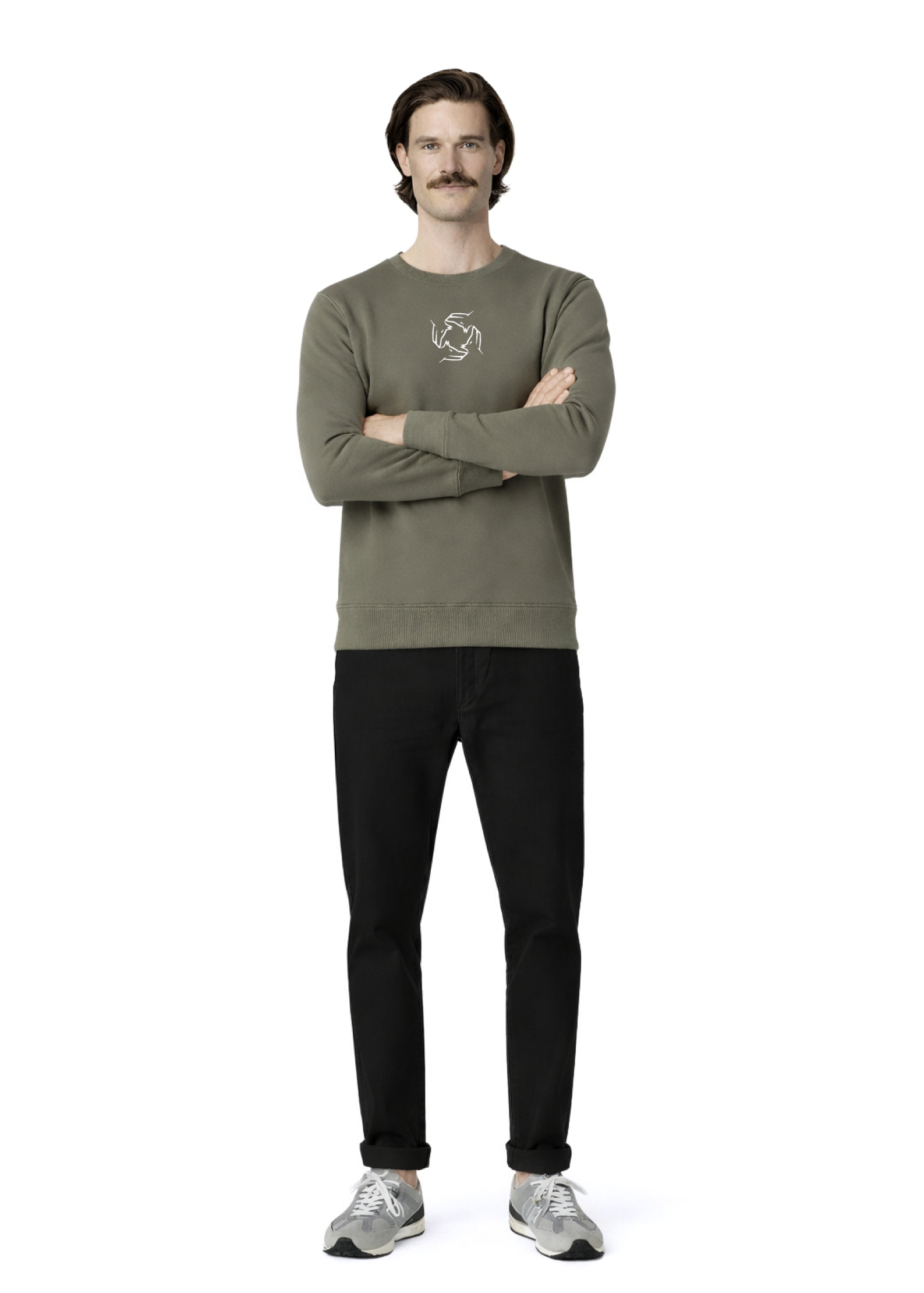 Man wearing a khaki green Northwind sweatshirt with white embroidered storm of wolves logo of Northwind on the chest, gray new balance shoes
