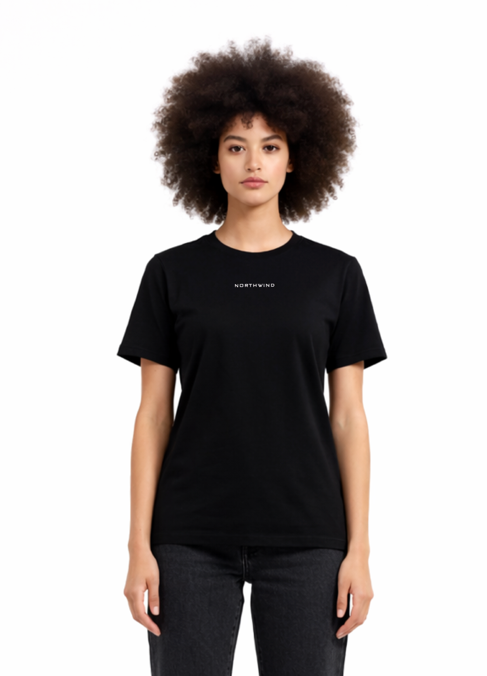 Woman wearing a black Northwind casual t-shirt with minimalist Northwind embroidered logo on the chest and Northwind wolf logo at the back, gray pants