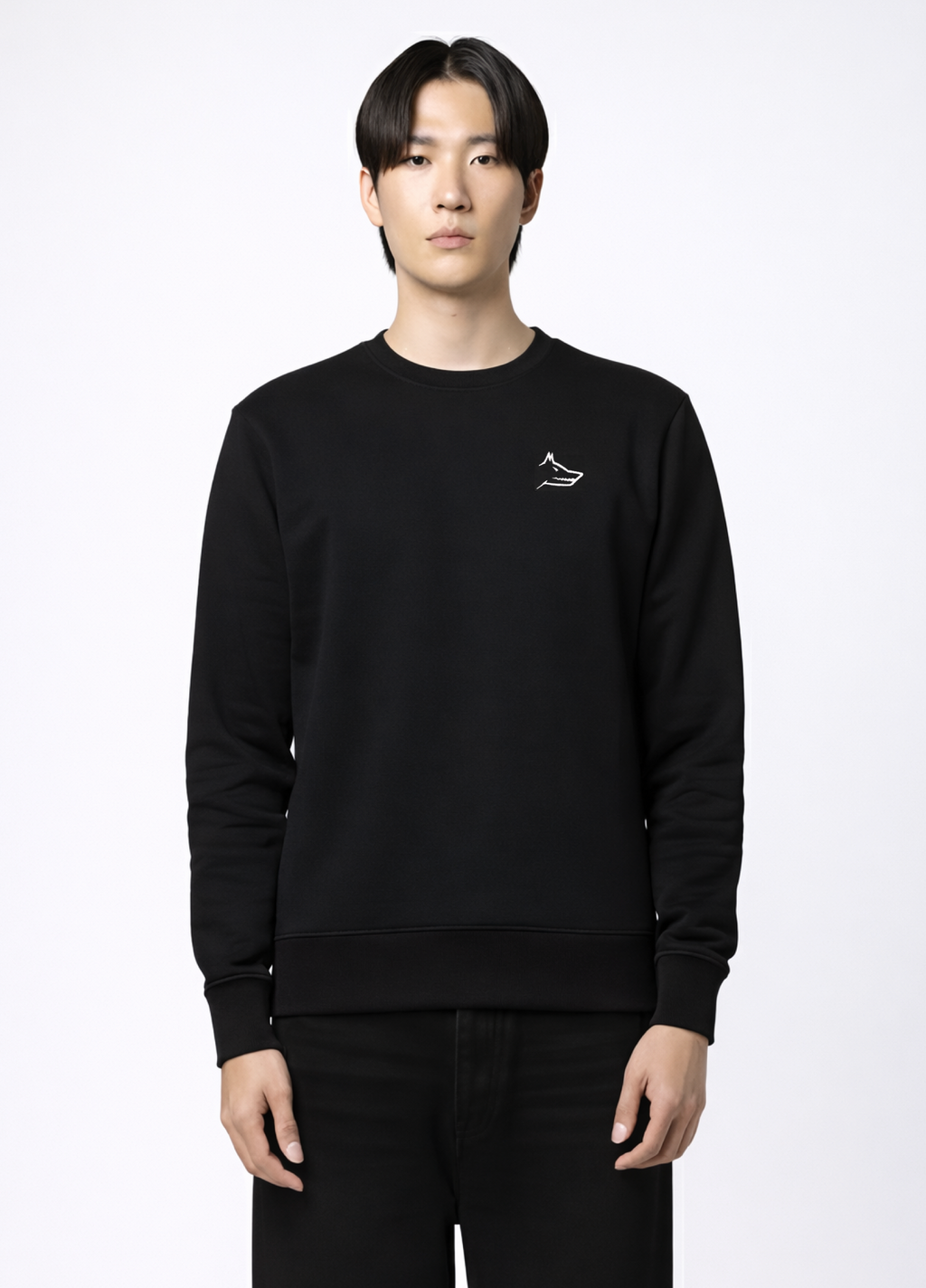Asian man wearing a black Northwind sweatshirt with white Northwind embroidered wolf logo on the chest
