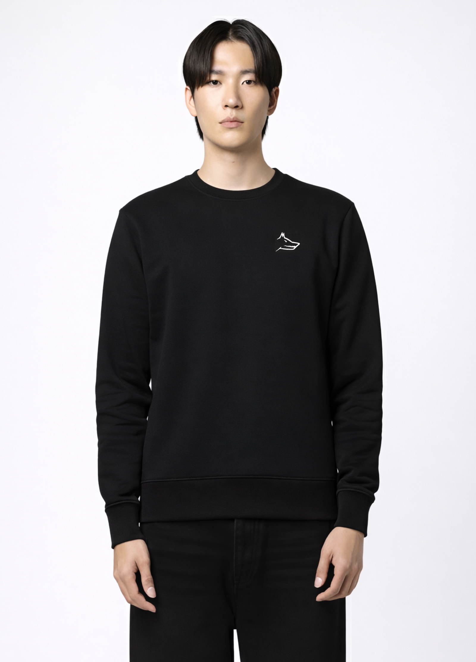 Asian man wearing a black Northwind sweatshirt with white Northwind embroidered wolf logo on the chest