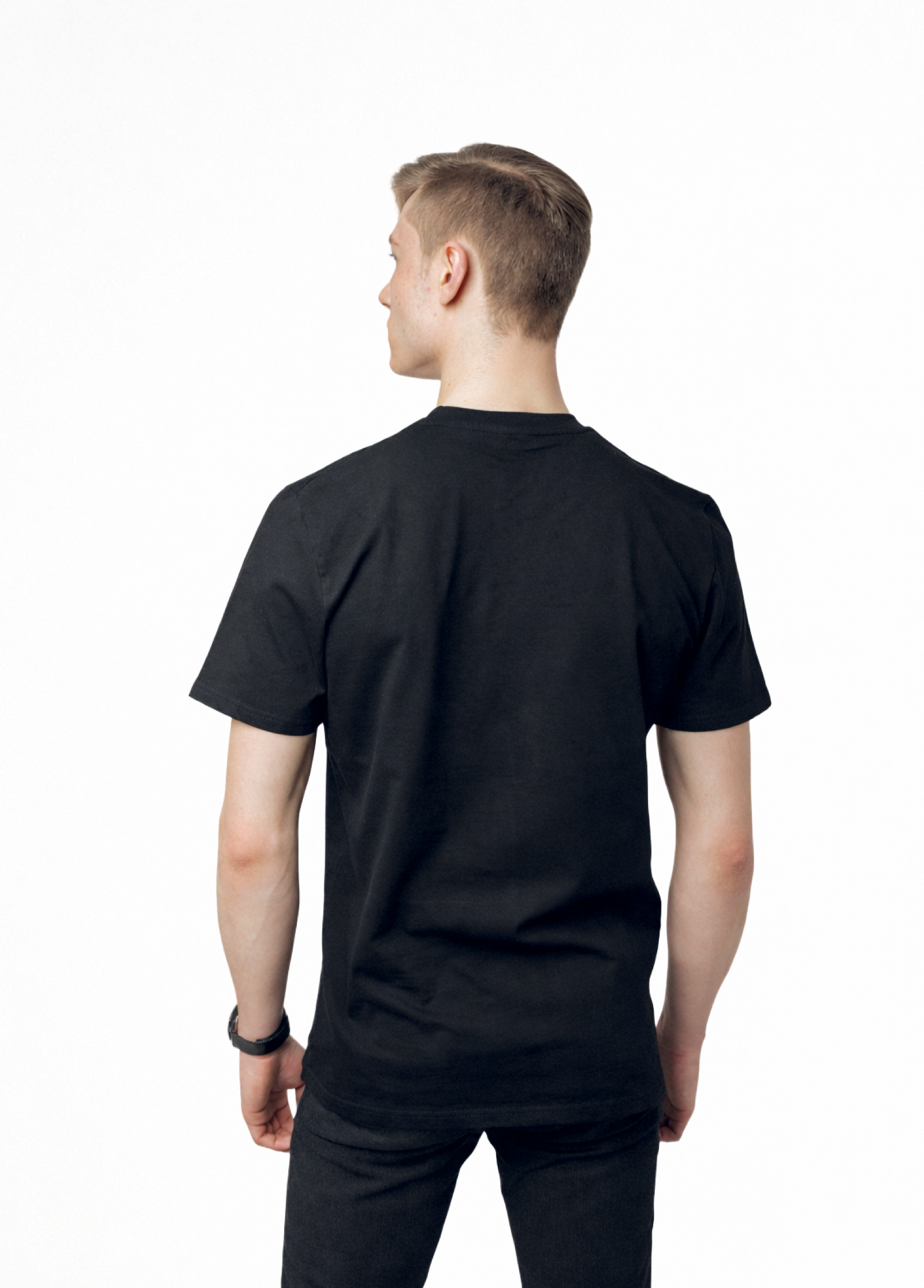 Blond man wearing a black Northwind casual t-shirt with minimalist Northwind embroidered wolf logo on the chest, black Casio watch