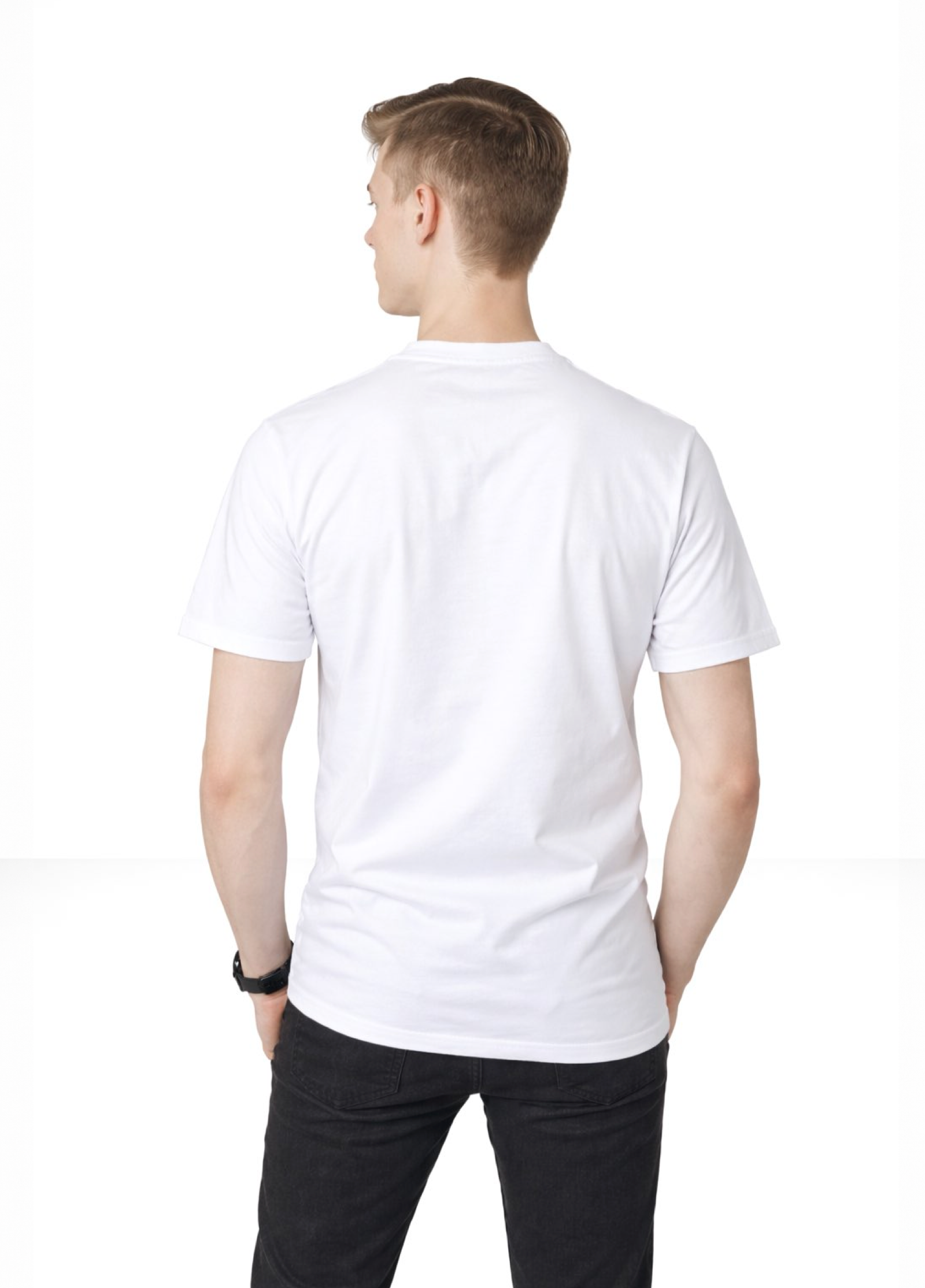 Blond man wearing a white Northwind casual t-shirt with minimalist Northwind embroidered wolf logo on the chest, black Casio watch