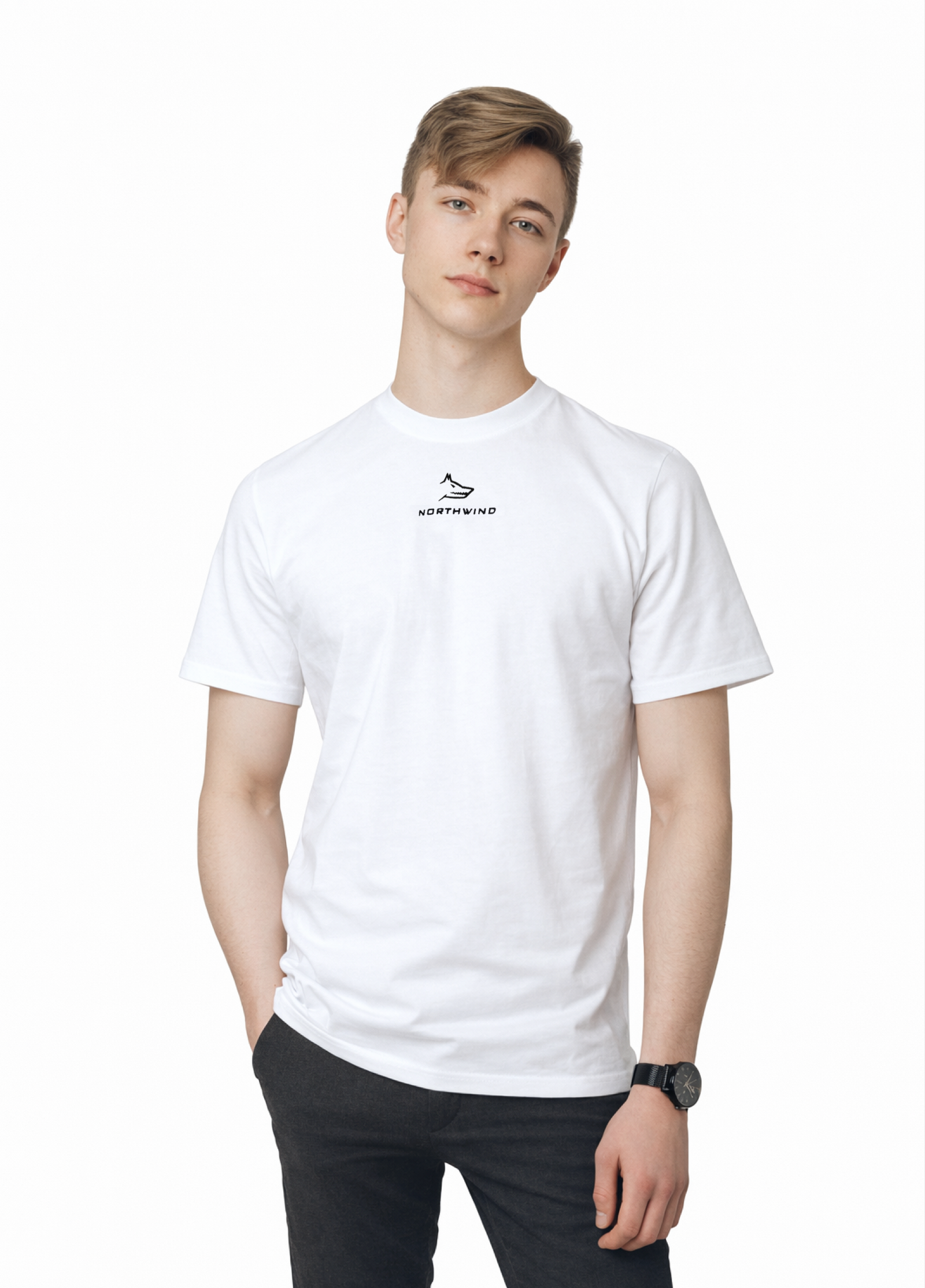 Blond man wearing a white Northwind casual t-shirt with minimalist Northwind embroidered wolf logo on the chest, black Casio watch