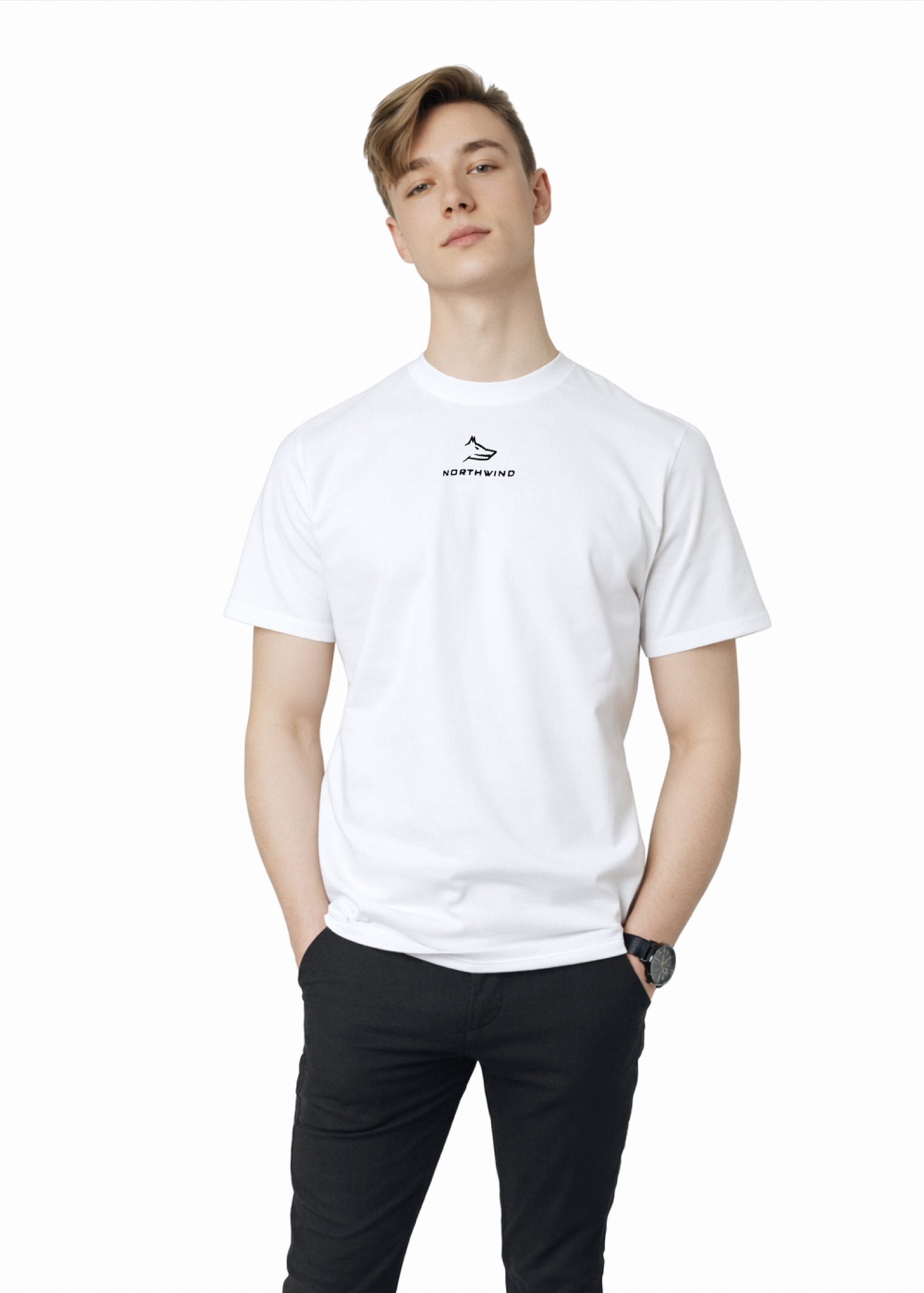 Blond man wearing a white Northwind casual t-shirt with minimalist Northwind embroidered wolf logo on the chest, black Casio watch