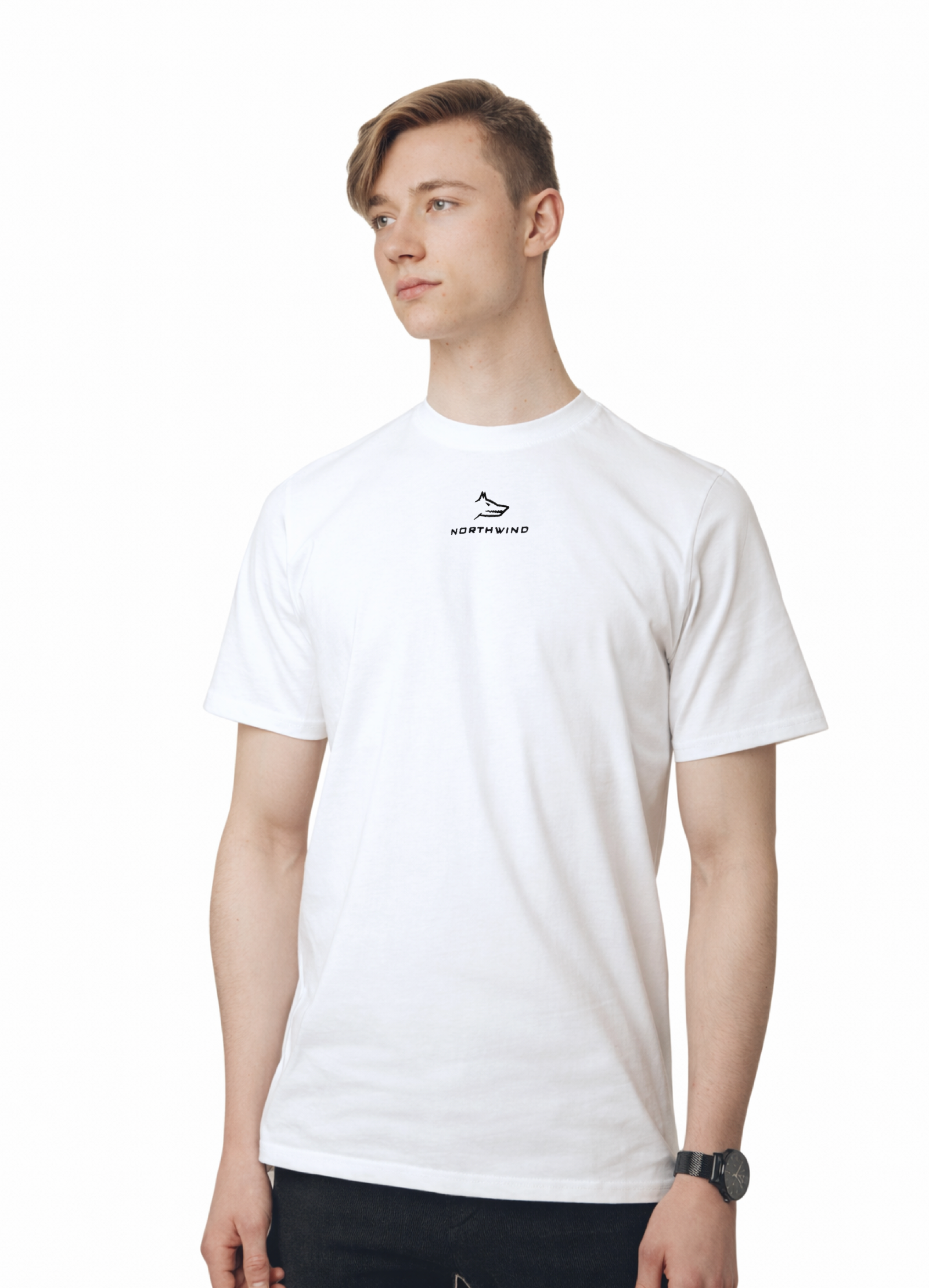 Blond man wearing a white Northwind casual t-shirt with minimalist Northwind embroidered wolf logo on the chest, black Casio watch