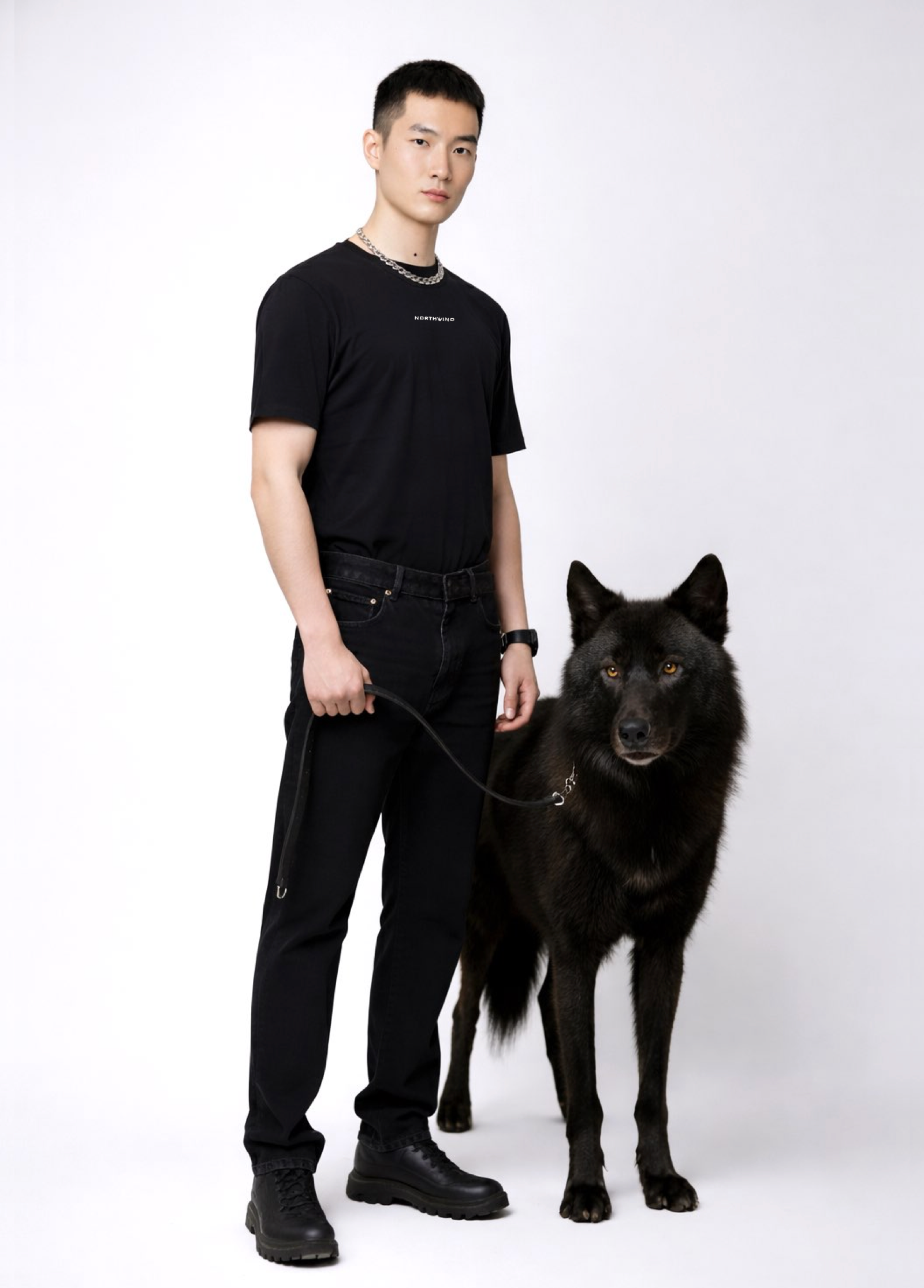 Man wearing an essential Northwind black t-shirt with minimalist Northwind embroidered wolf logo on the back, Dr. Martens boots, Carhartt black pants, standing next to a black dire wolf