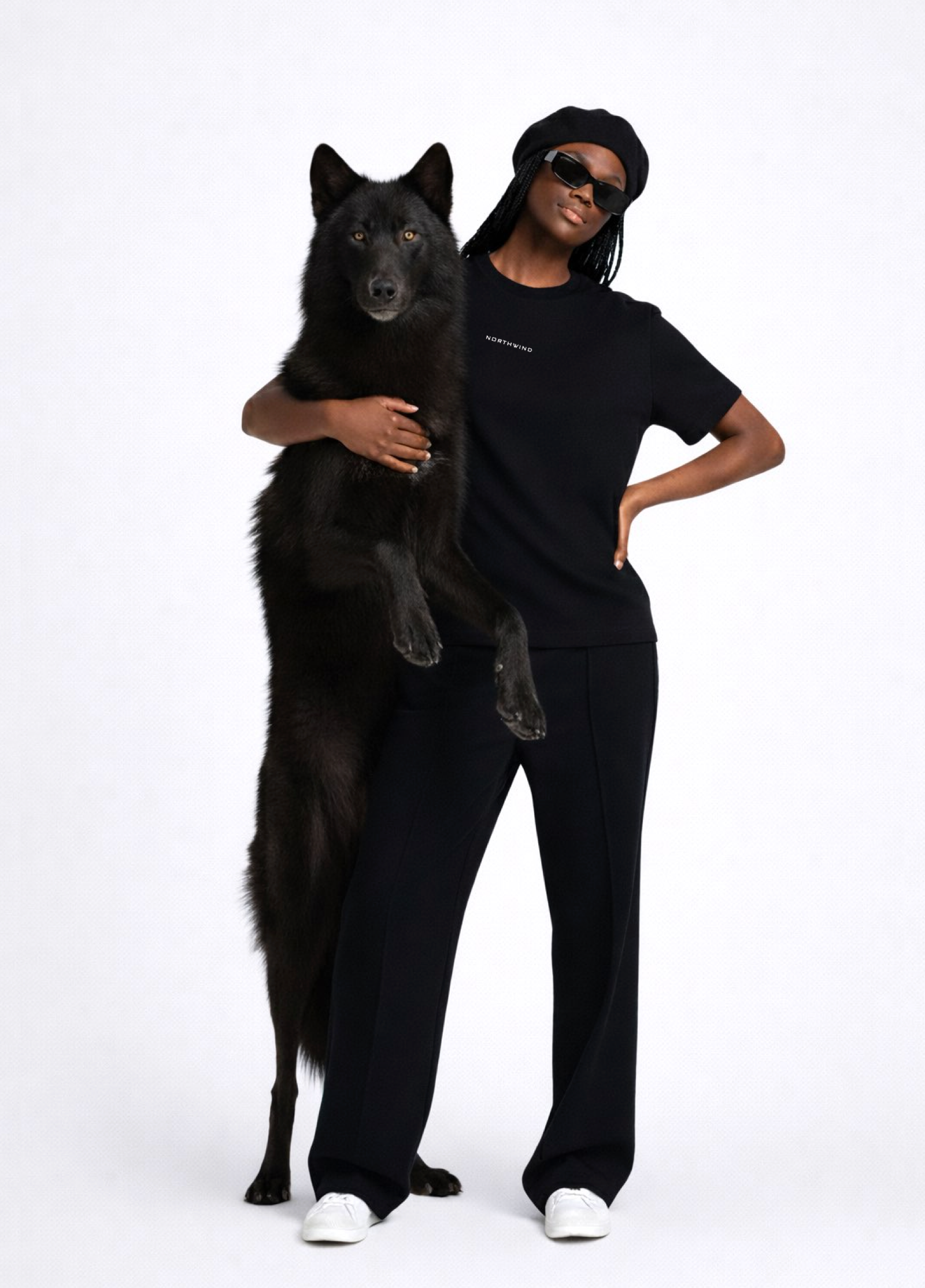 Black woman wearing a black essential Northwind t-shirt with embroidered logo on the chest, Gucci sunglasses, white Adidas Originals and black beret. She is standing next to a black wolf on a white background