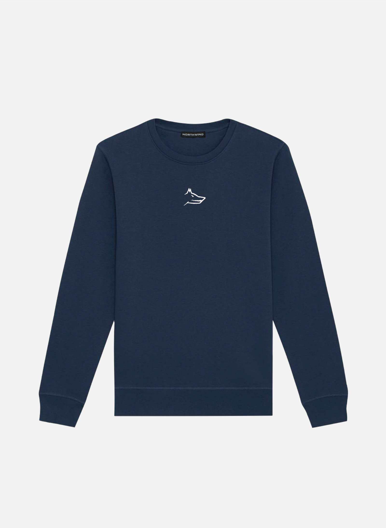 Navy blue sweatshirt with a small white minimalist embroidered Northwind wolf logo on a light gray background