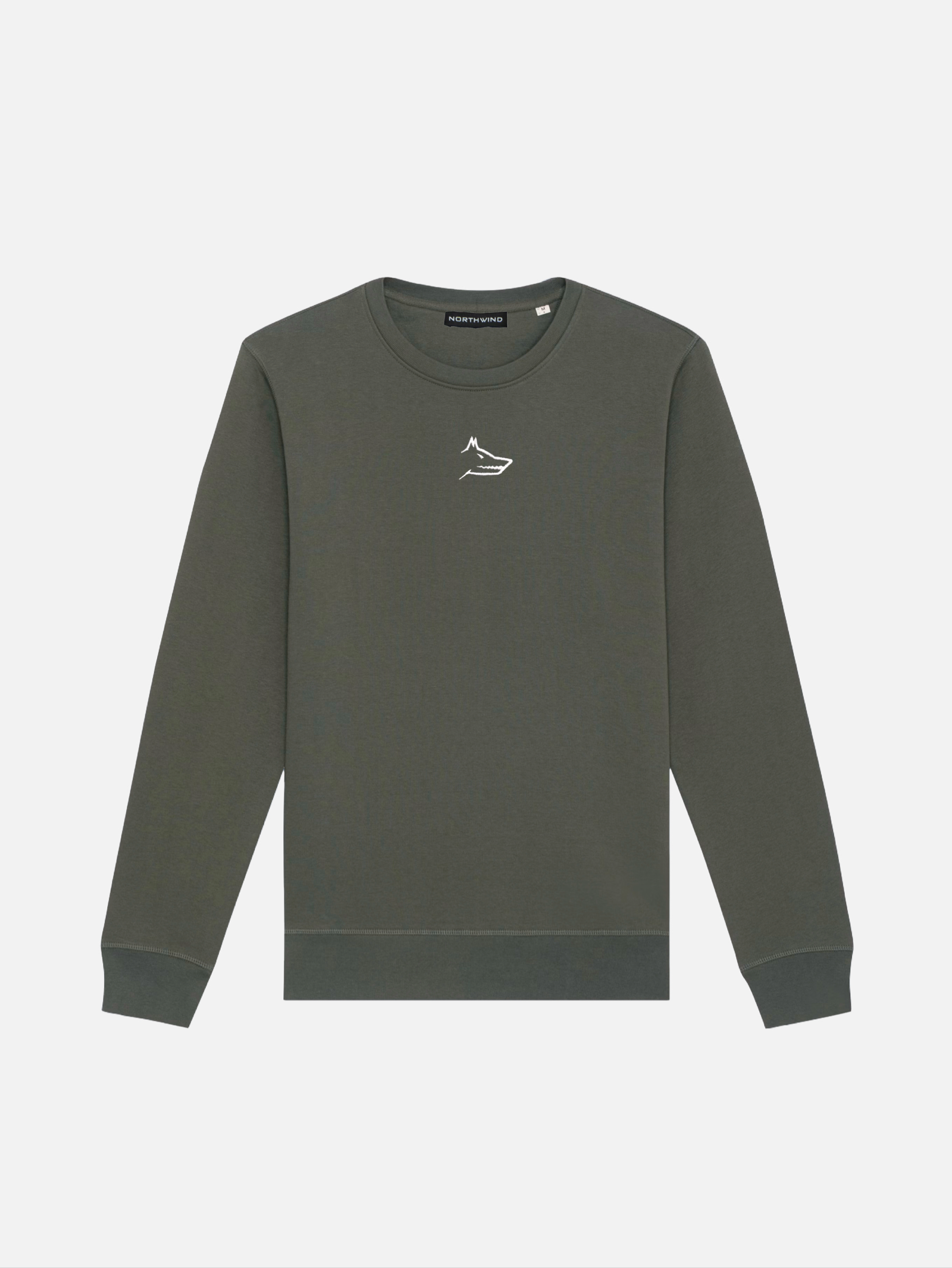Northwind khaki green sweatshirt with embroidered Northwind Lone Wolf logo on a white background