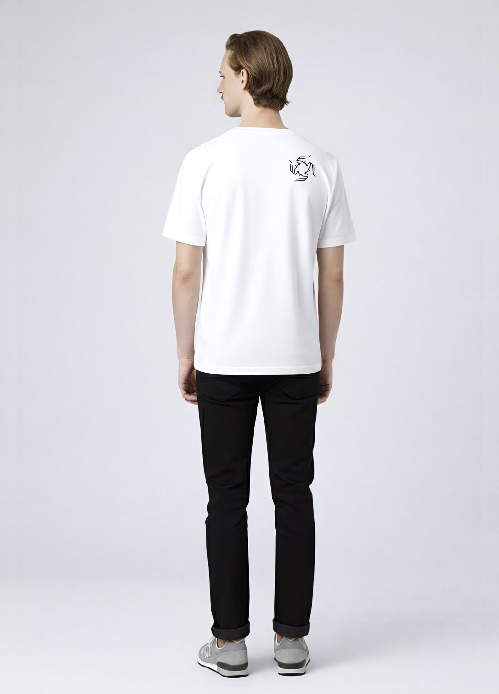 Man wearing a white Northwind storm of wolves t-shirt with embroidered Northwind storm of wolves logo on the back, gray New Balance shoes.