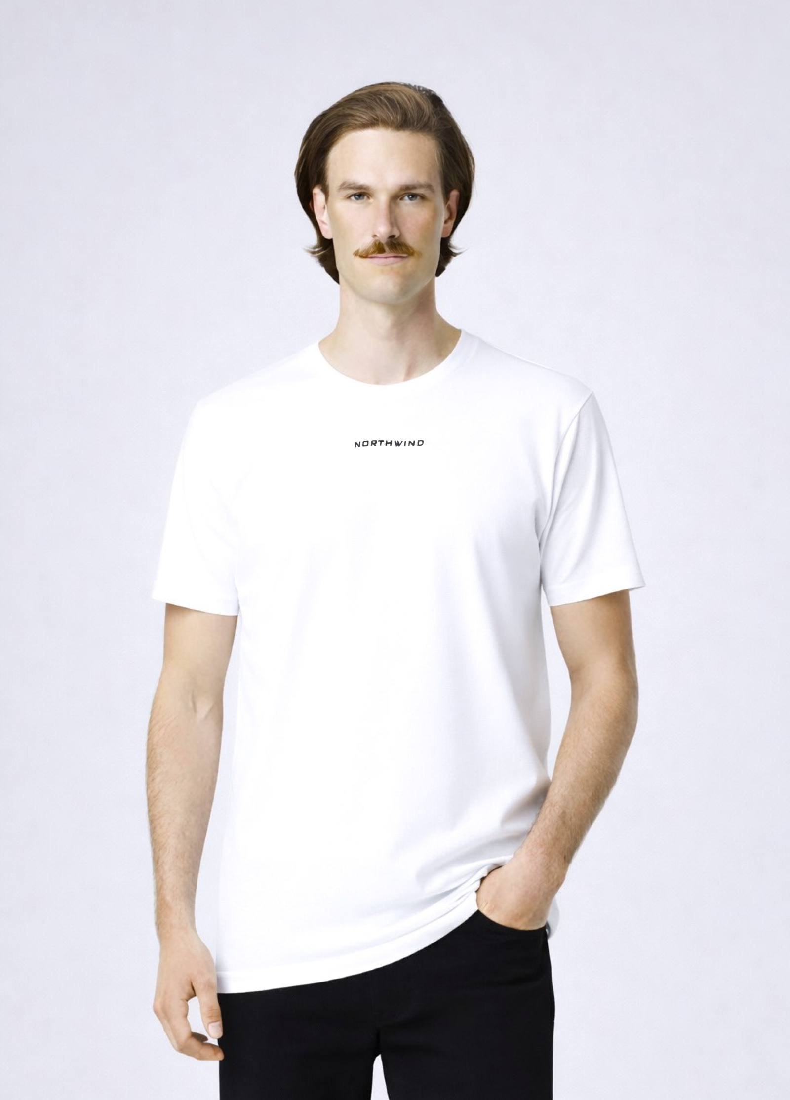 Man wearing a white Northwind storm of wolves t-shirt with embroidered Northwind logo on the chest