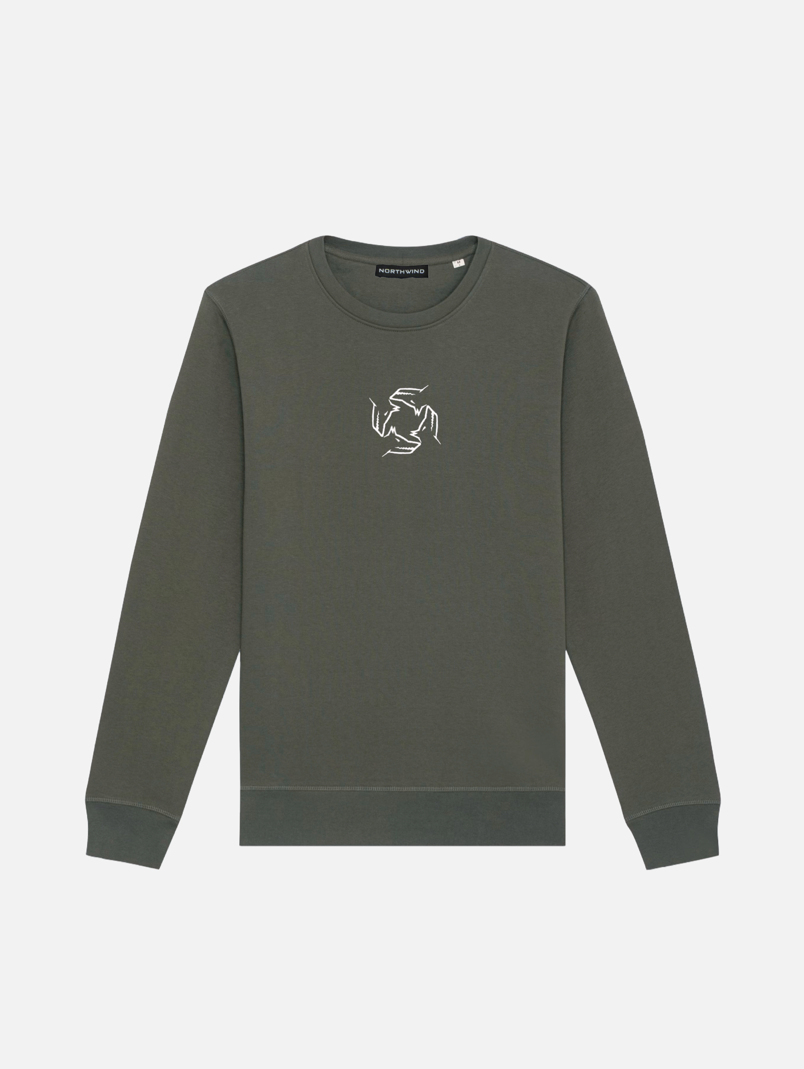 Northwind khaki green sweatshirt with embroidered Northwind storm of wolves logo on a white background