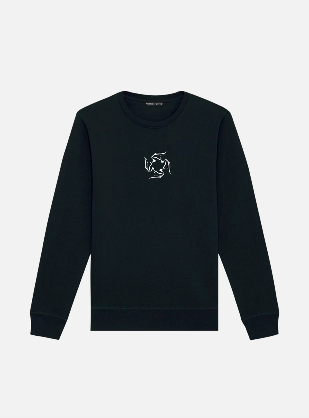 Northwind Black sweatshirt with a white embroidered Northwind storm logo on a white background