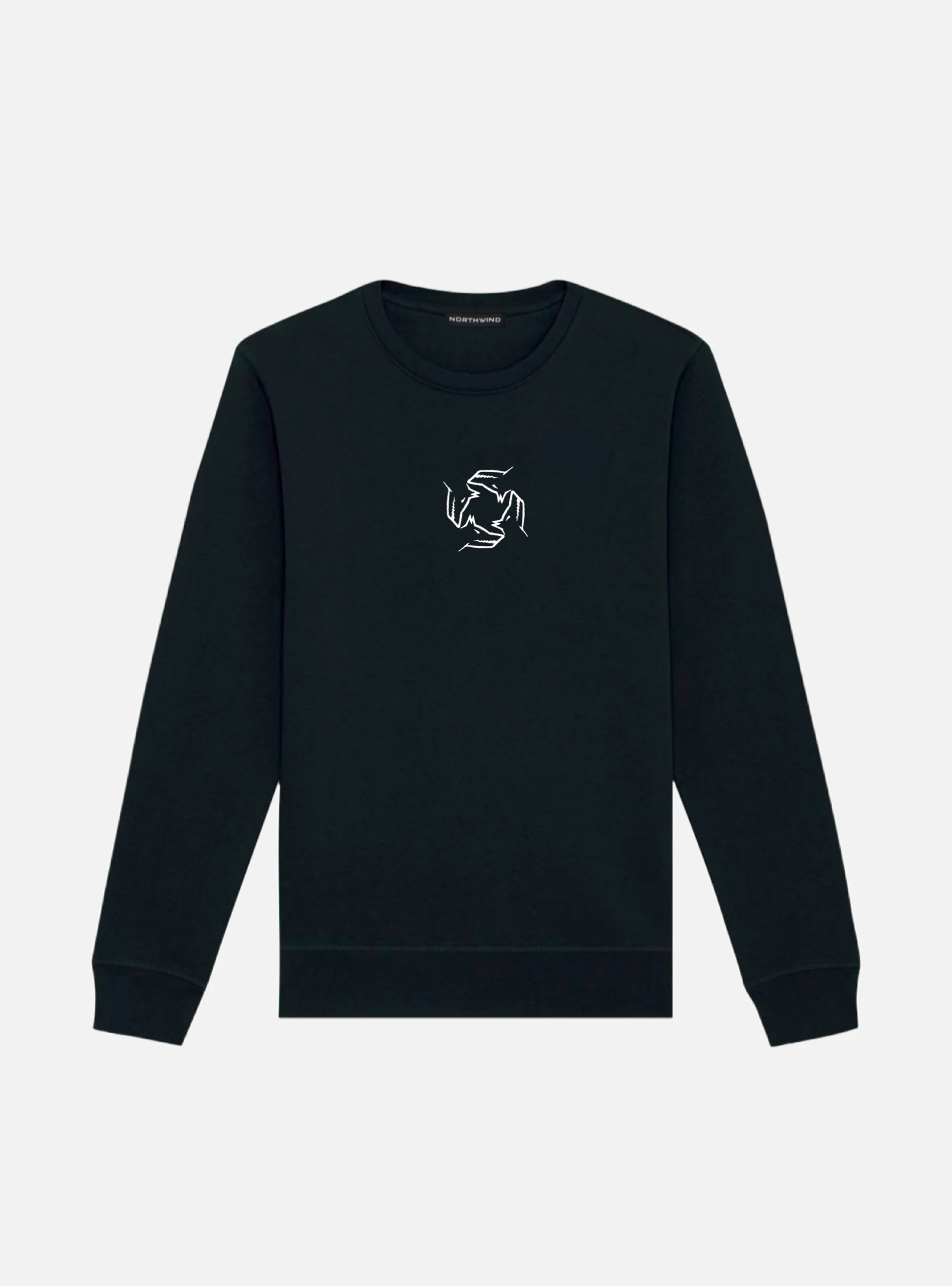 Northwind Black sweatshirt with a white embroidered Northwind storm logo on a white background