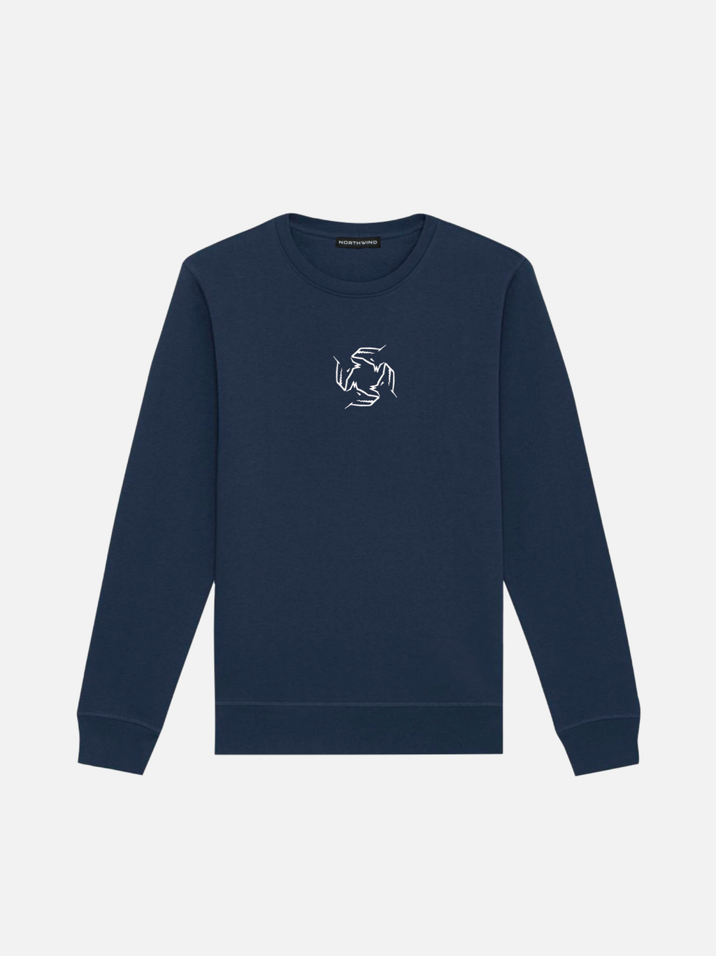 Northwind Navy blue sweatshirt with a white embroidered Northwind storm logo on a white background