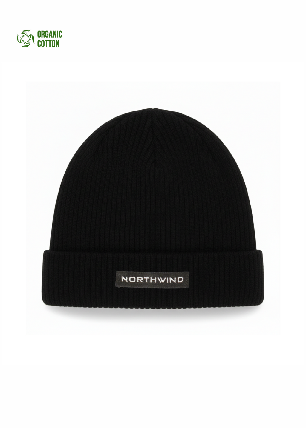 Organic cotton Northwind Black beanie with 'Northwind' logo on a white background